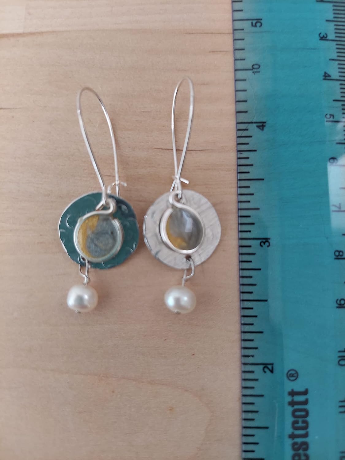 Handmade Lightweight Denim Blue Resin and Disc with Pearl Longer Drop Womens Earrings Beads by Bettina