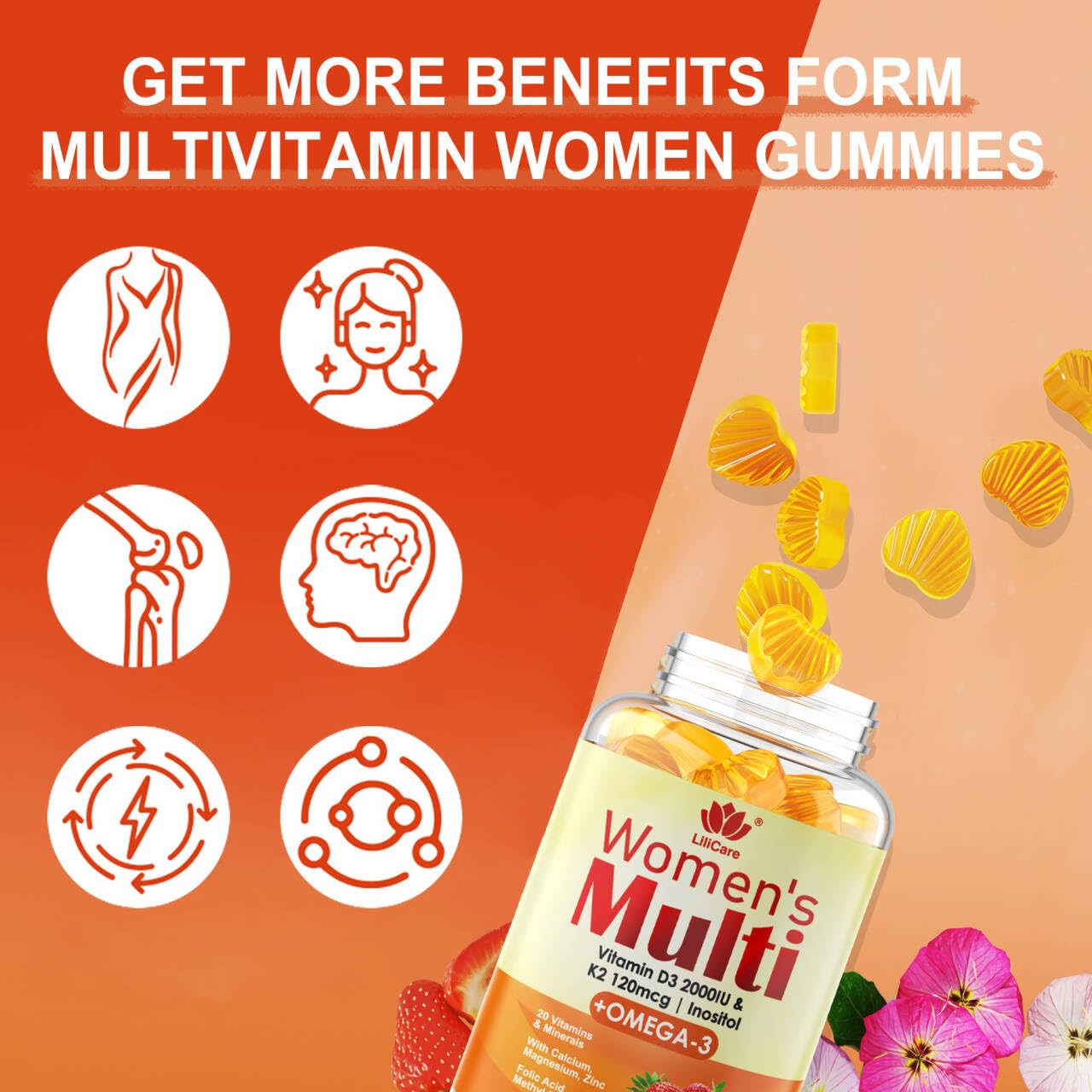 Womens Multivitamin Gummy, w/Omega 3（DHA/EPA), Methyl B12, Calcium, 120 Cts — Amazon image 3