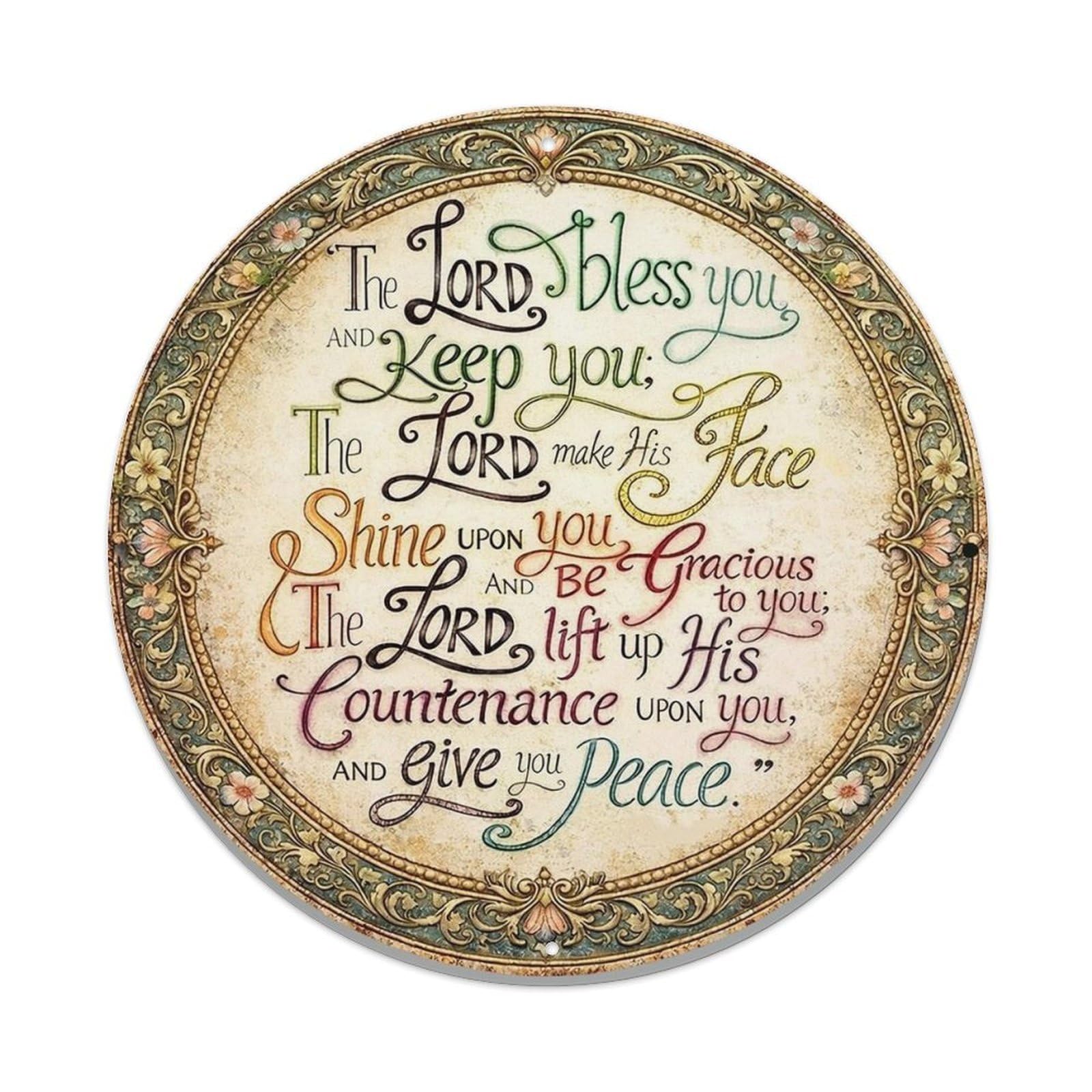 Ornate Circular Religious Text Design Vintage Round Tin Sign Retro Metal Wall Decor Metal Poster, Home Bar Garage Cafe Wall Art Decoration 8x8Inches