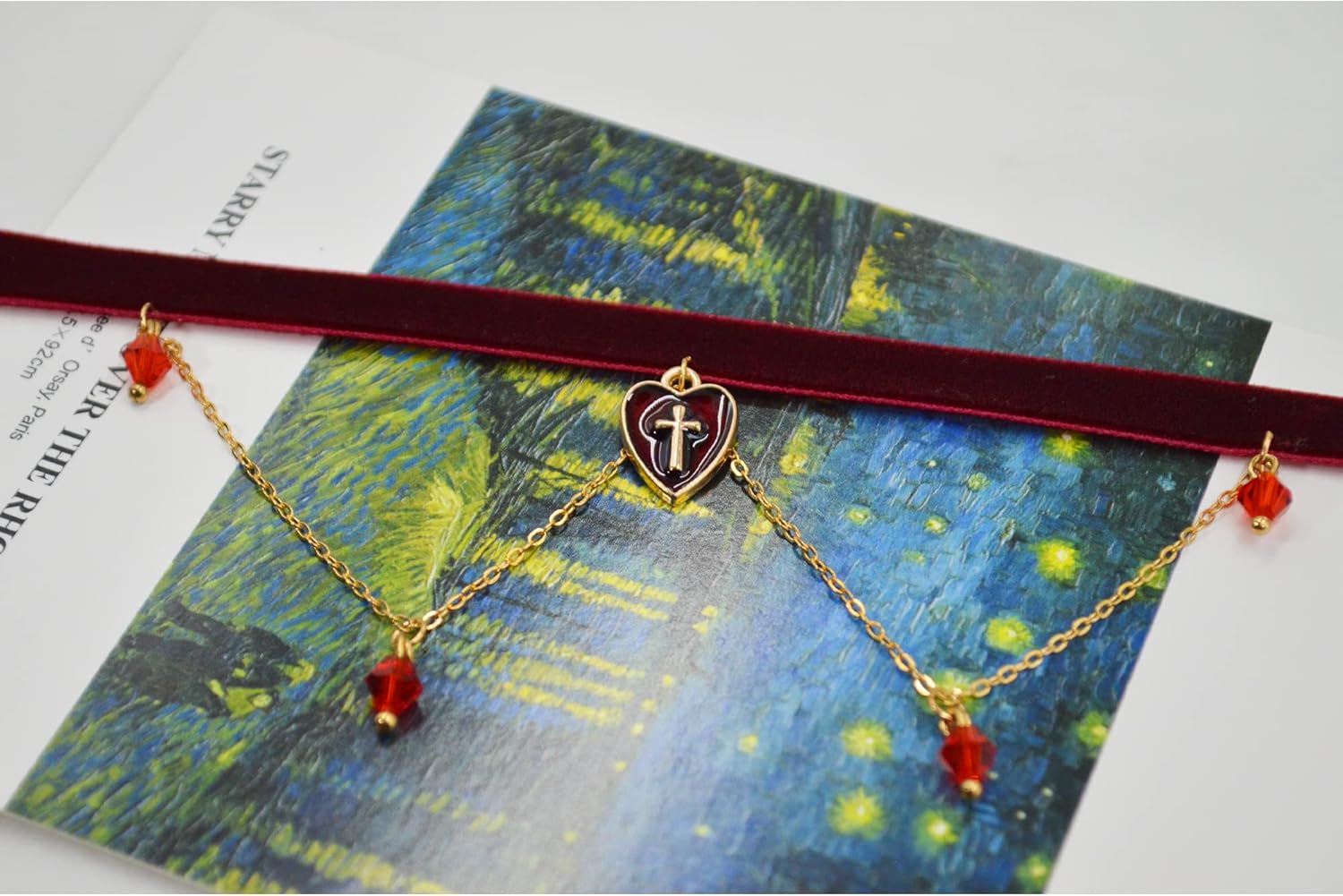 MOMOCAT Red Heart Cross Layered Choker Necklace for Women Vampire Goth Chokers Necklaces Beaded Emo Velvet Choker Gothic Chocker Tatoo Chockers for Women - Image 3