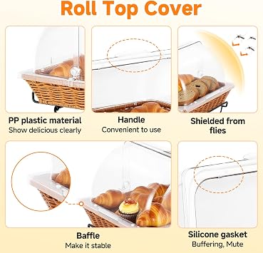 Bread Basket Serving Display Tray with Clear Roll Top Cover and Metal Display Stand for Snacks Cookies Bakery Pastry Display Rack (13x10.6 in)