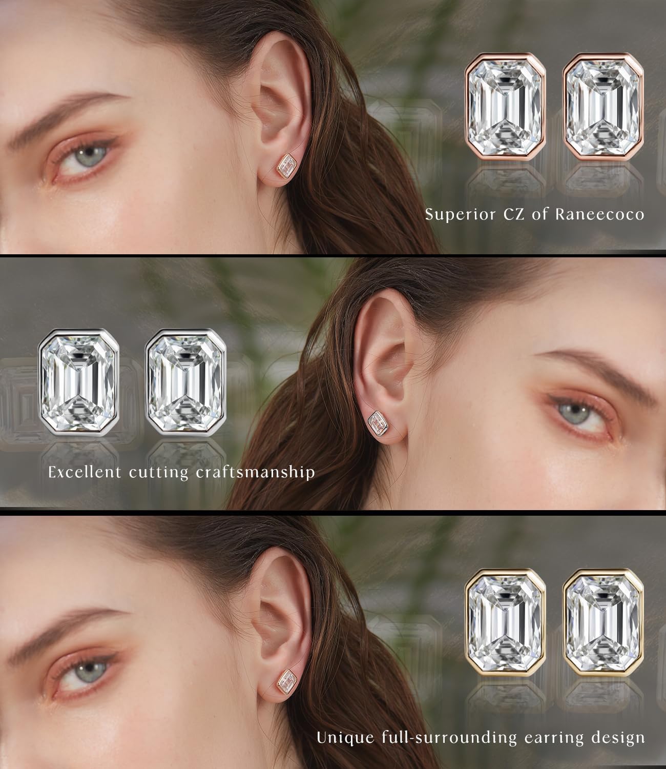 Raneecoco 4.0ct Total Emerald Cut Cubic Zirconia CZ Earrings Stud / 18K Gold Plated Sterling Silver - Image 9
