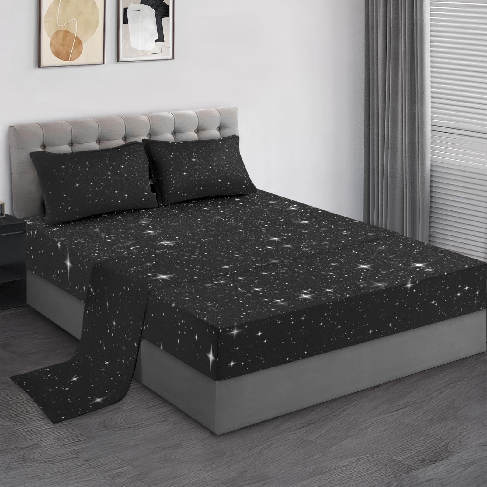 Pamnest Twin Size Bed Sheet Sets, Space Starry Deep Soft Microfiber 3 Pcs Bedding Sets for Kids and Adults Bedroom Bed Decor, Black Star Sky Flat,