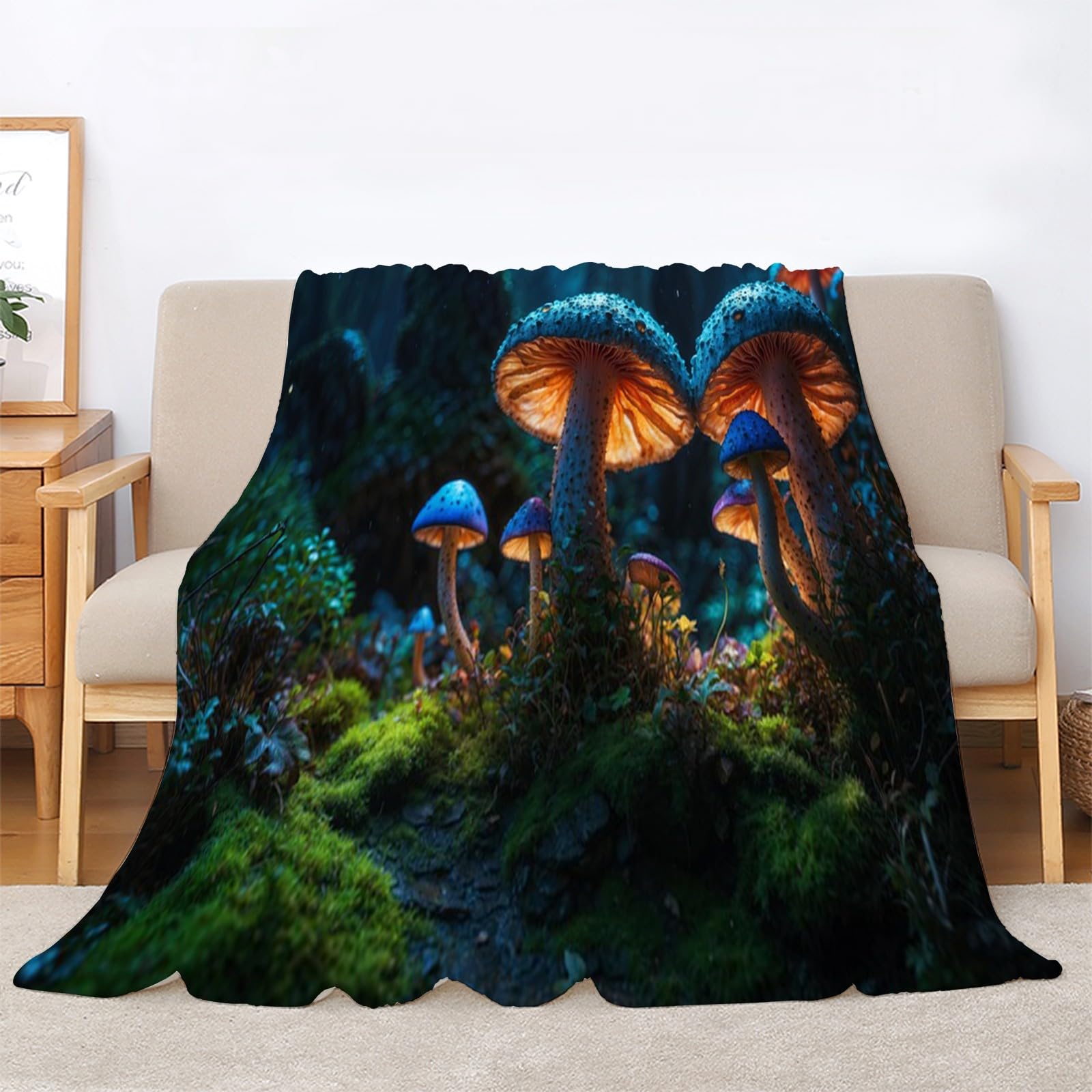Generisch Puszysty koc do przytulania, niebieski grzyb, 200 x 200 cm, miękki i dwustronny koc polarowy, idealny koc na sofę dla wszystkich, przytulny koc na sofę i łóżko AL1403
