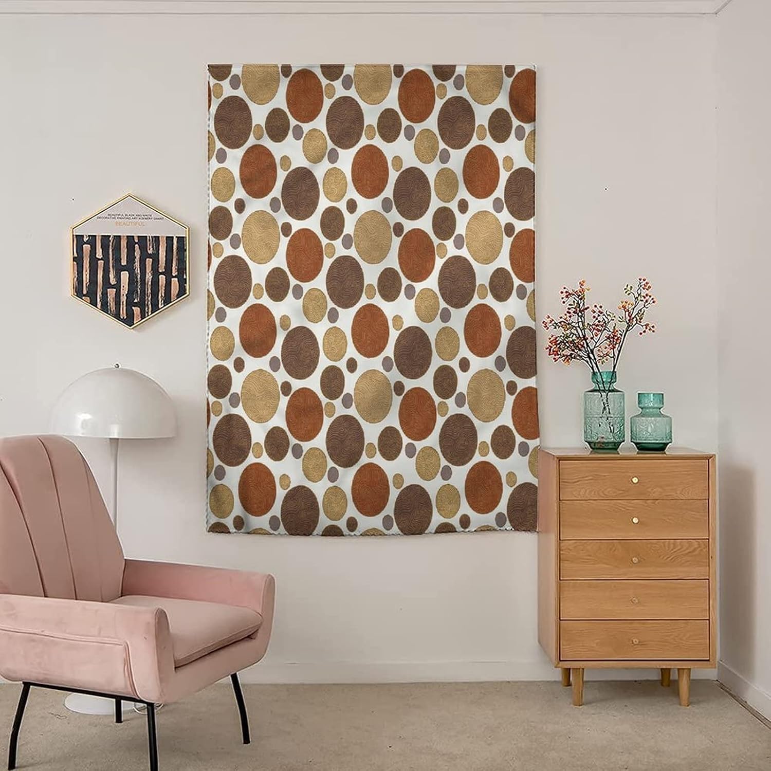 XISUNYA Self Adhesive Portable Blackout Curtains, Chocolate Room Darkening Curtains, Circles with Lines Print Temporary Blackout Blinds,59W x84L Inch, for Nursery,Children Kids Bedroom or Travel Use
