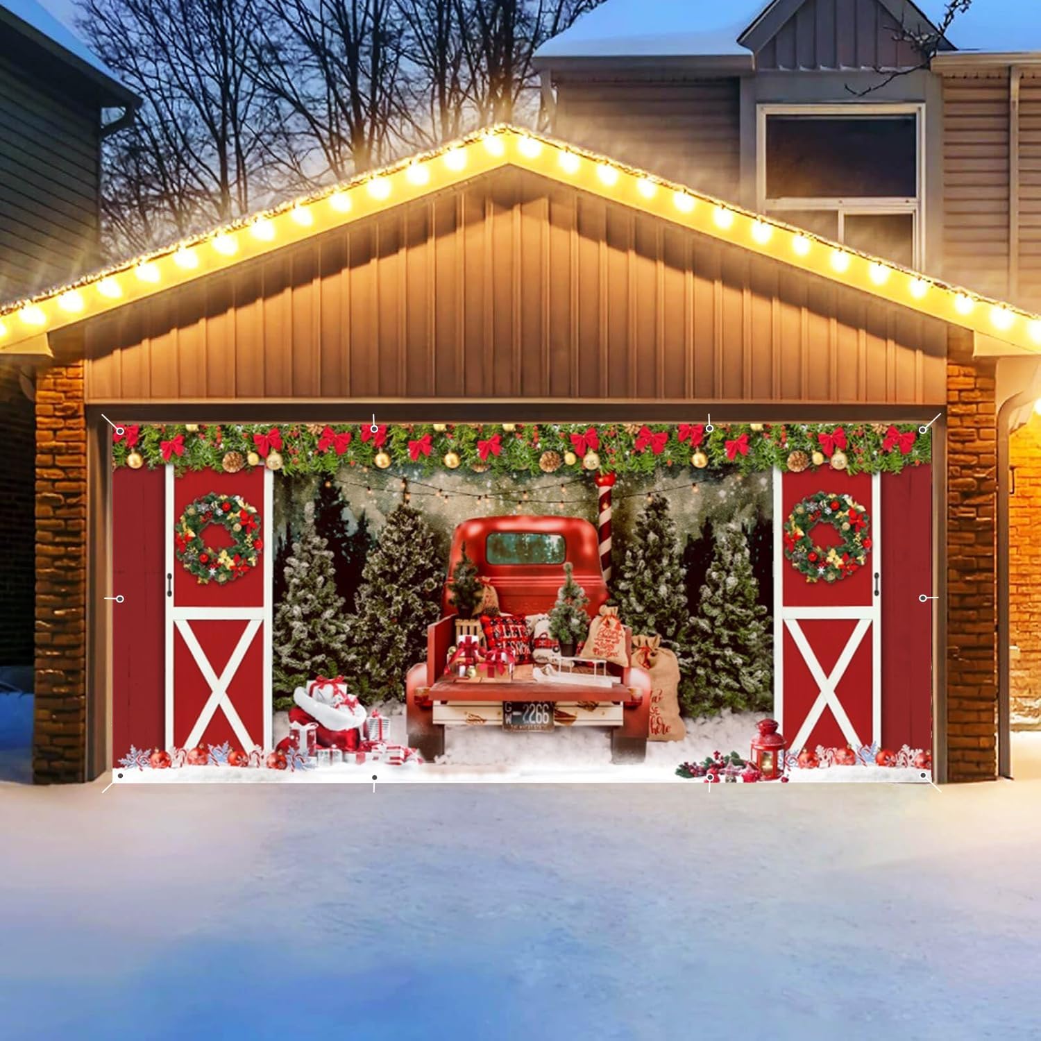 Garage Door Christmas Decorations 7x16ft, Merry Christmas Garage Door Cover Wooden Door Truck Gifts Banner Winter Outdoor Decor Holiday Party Supplies