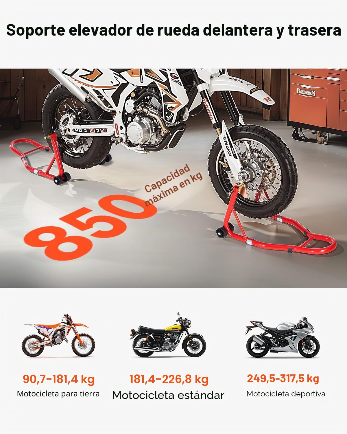 VEVOR Elevador de Caballete para Motocicleta, Capacidad de 390 kg, Combinado Delantero y Trasero, para Rueda Delantera, Compatible con Yamaha, Honda y Suzuki, Rojo, 680 x 450 x 350 mm