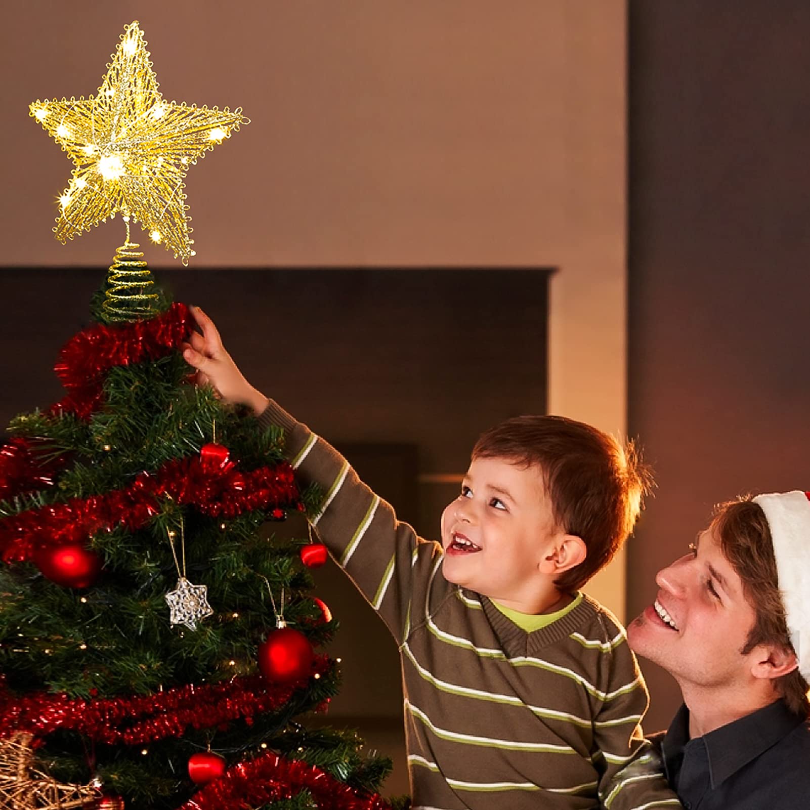 Cimier de sapin de Noël en forme d'étoile à paillettes dorées - Blanc chaud - 20 lumières - Fonctionne à piles avec minuteur - En métal creux - Pour sapin de Noël de 0,9 à 1,8 m