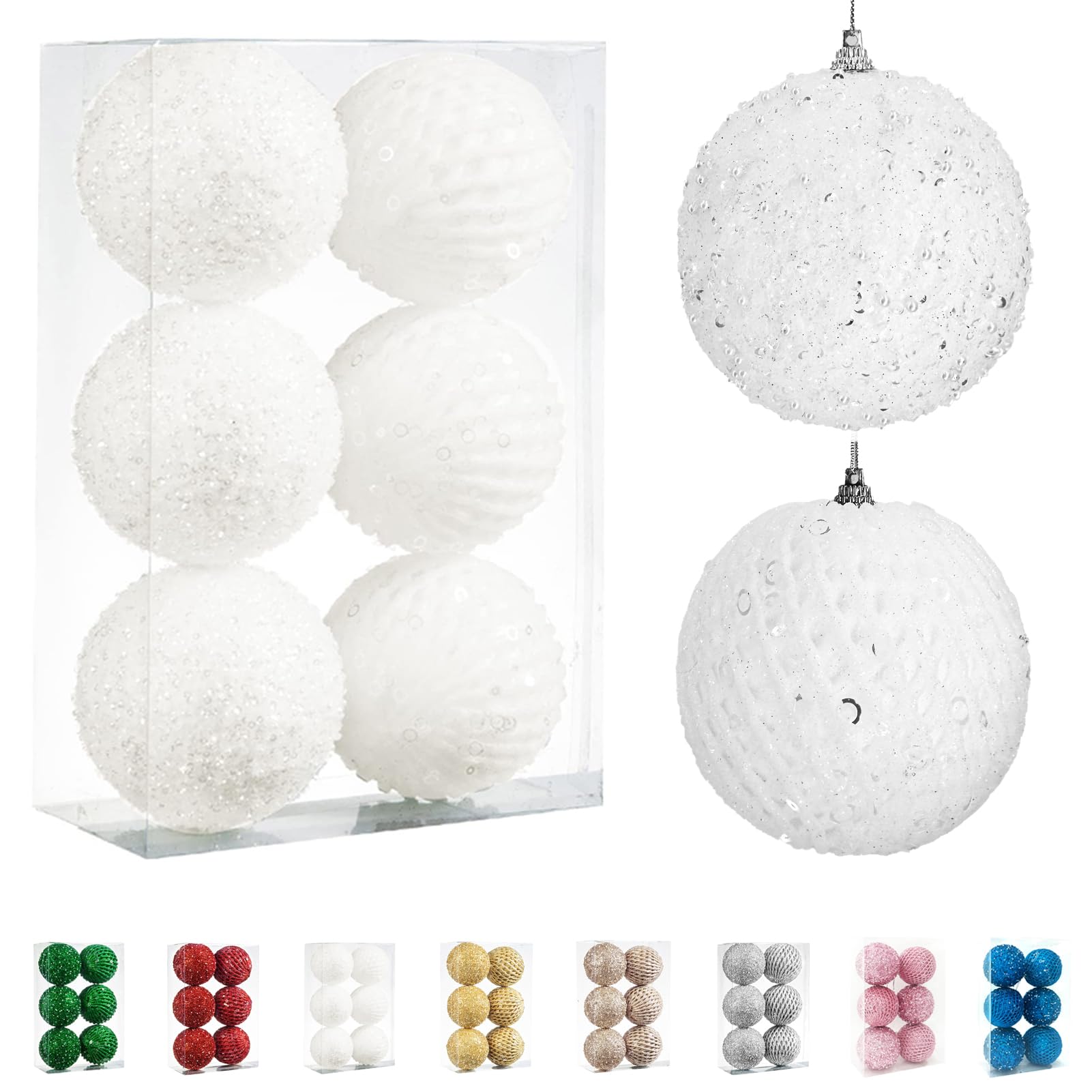 Fassory White 6 Pack 10Cm Christmas Baubles - Large Hanging Ornaments For Christmas Tree Decorations