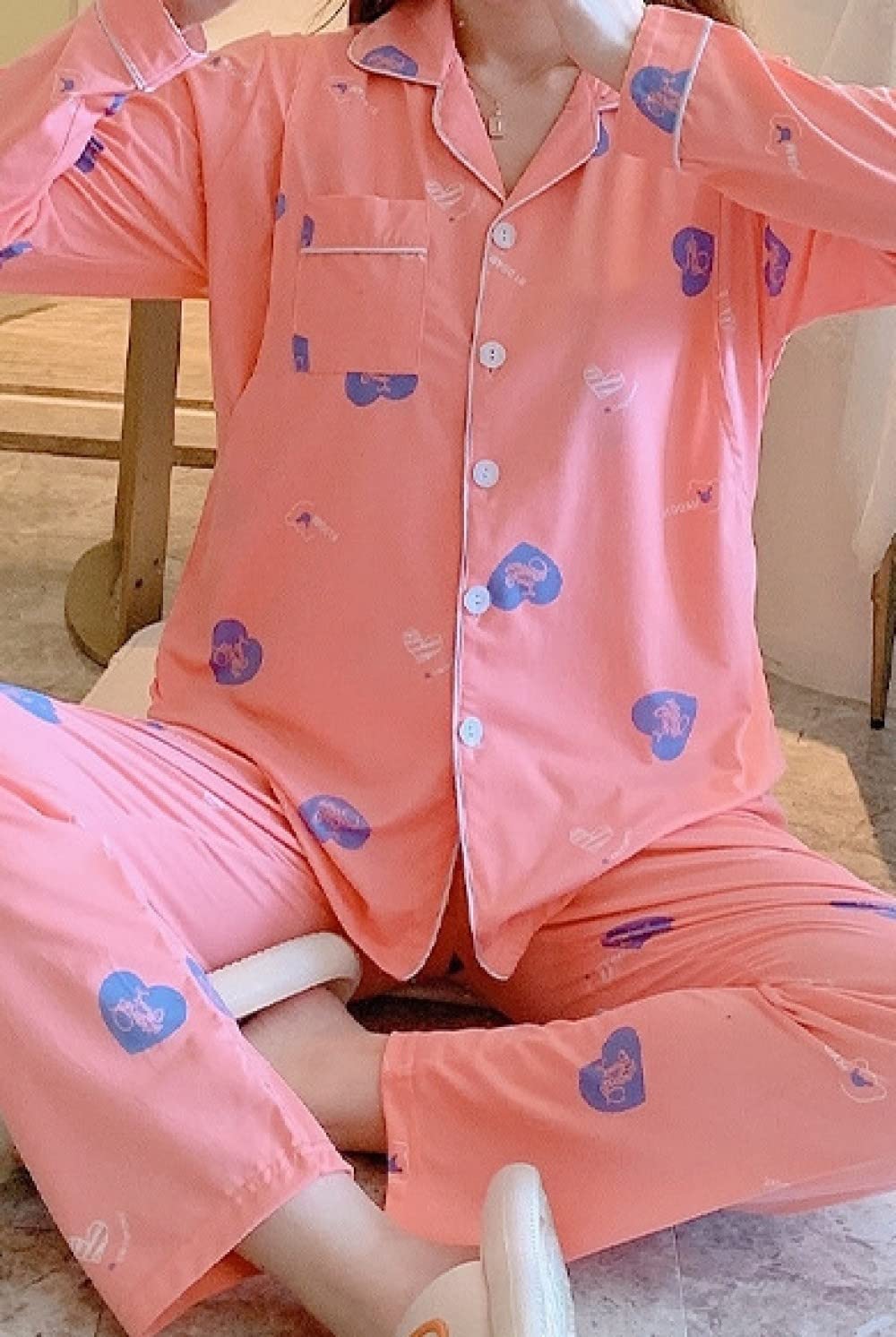 Pijamas para Mujer Conjunto De Pijama De Poliéster para Mujer con Estampado De Corazón Azul con Solapa Rosa Conjunto De Pijama De Manga Larga Simple Regular Suelto para Mujer Conjunto De Dos Pieza