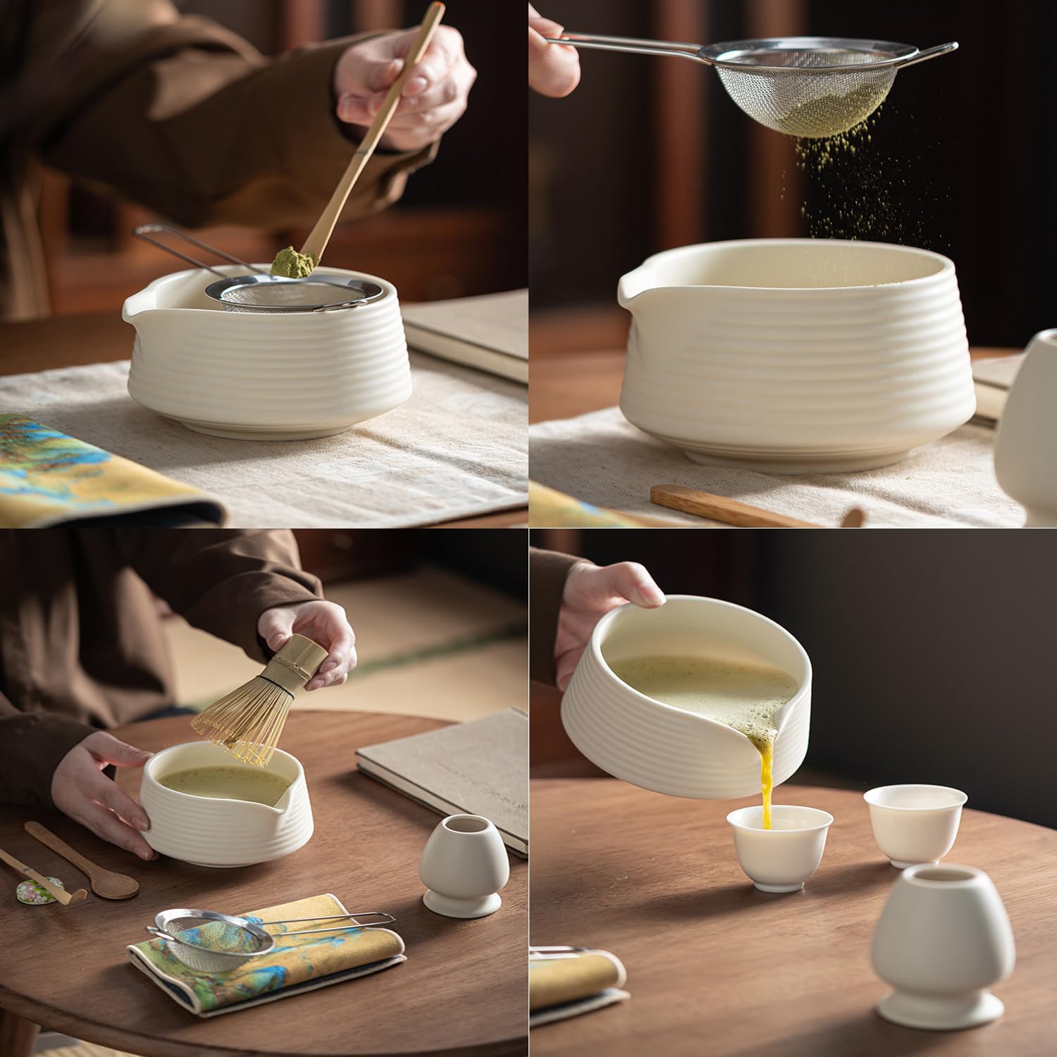 Matcha Tea Set Beige Weiß,7 Piece Matcha Besen Set, with Matcha Whisk, Matcha Broom,Matcha Schale,Matcha Bowl with Spout,Matcha Besen Halter,Bamboo Spoon,Perfect Matcha Starter Set,Japanisches Tee-Set