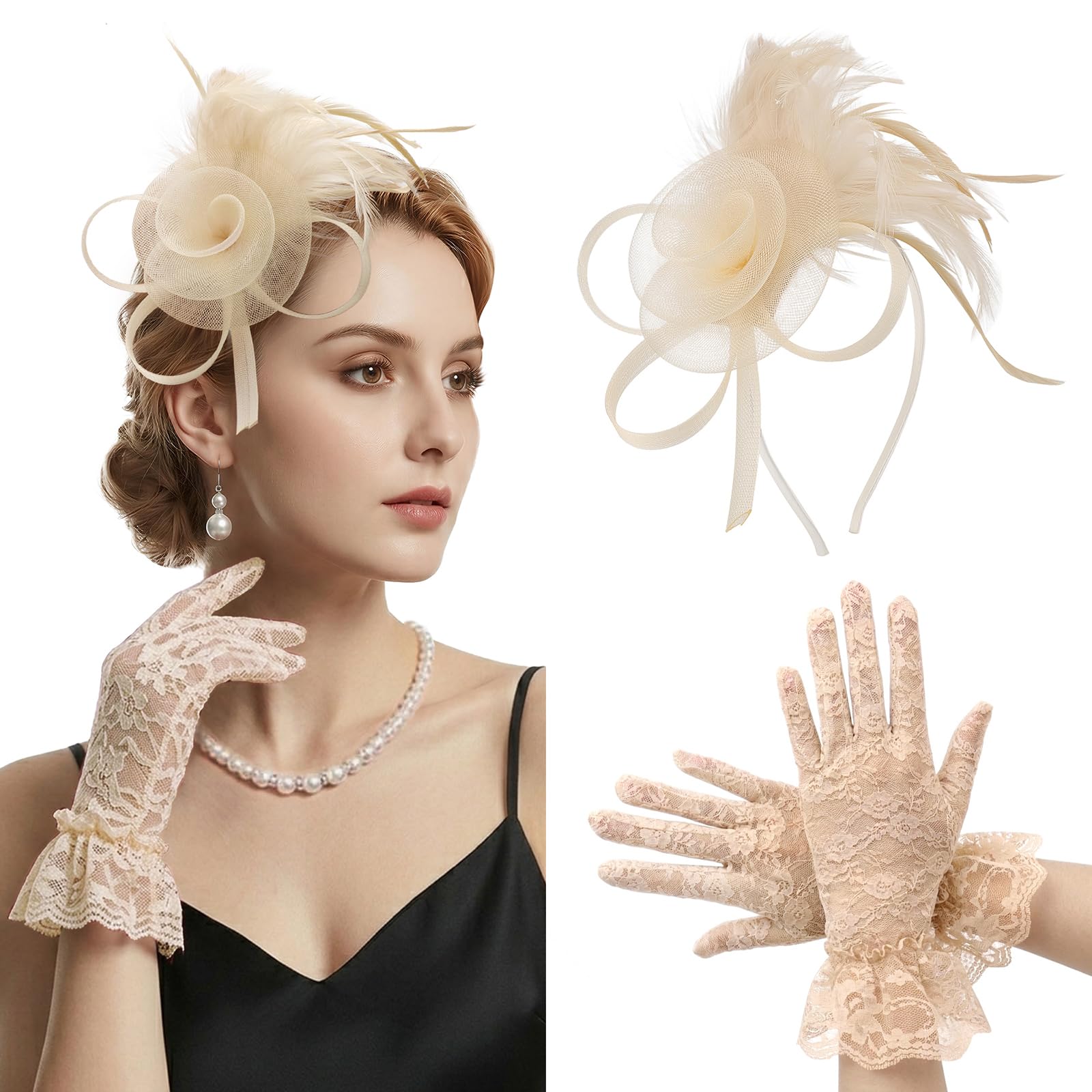 DRESHOW Fascinators Hats for Women Tea Party Gloves Set Tulle Derby Fascinators and Short Lace Gloves for Cocktail Church