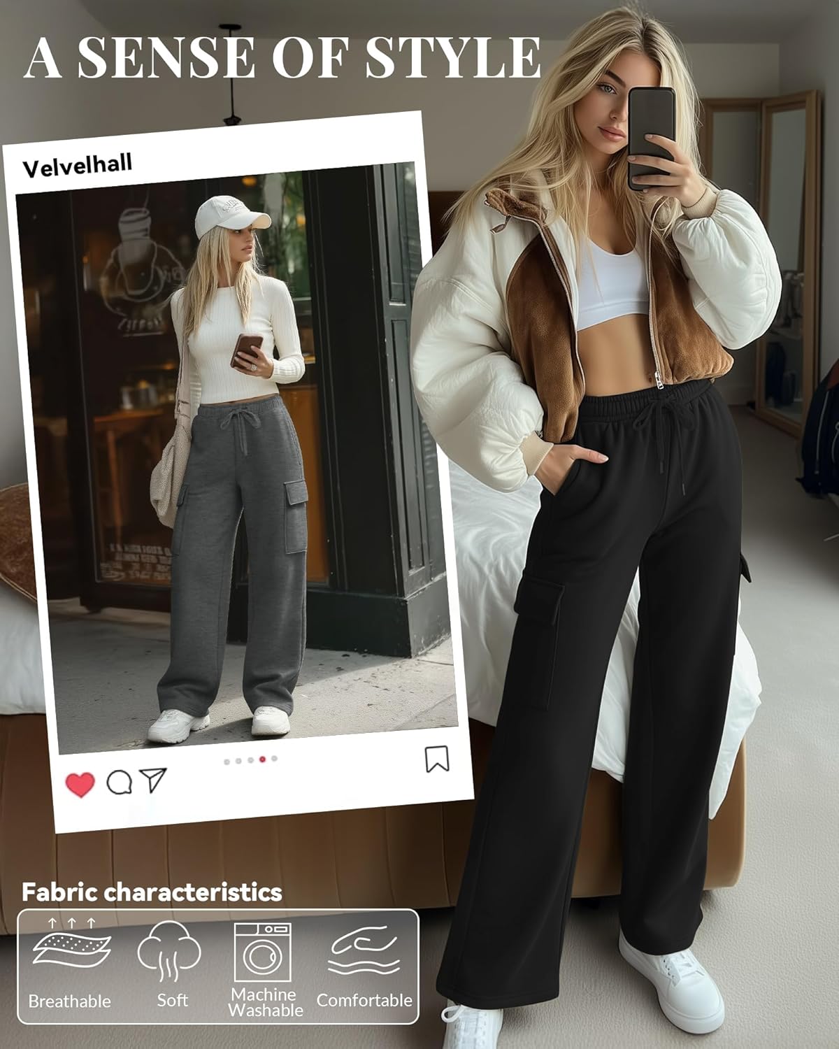 3 Pack Women's Cargo Sweatpants Wide Leg Baggy Elastic Drawstring Pants Casual Athletic Joggers with 4 Pockets - Image 5