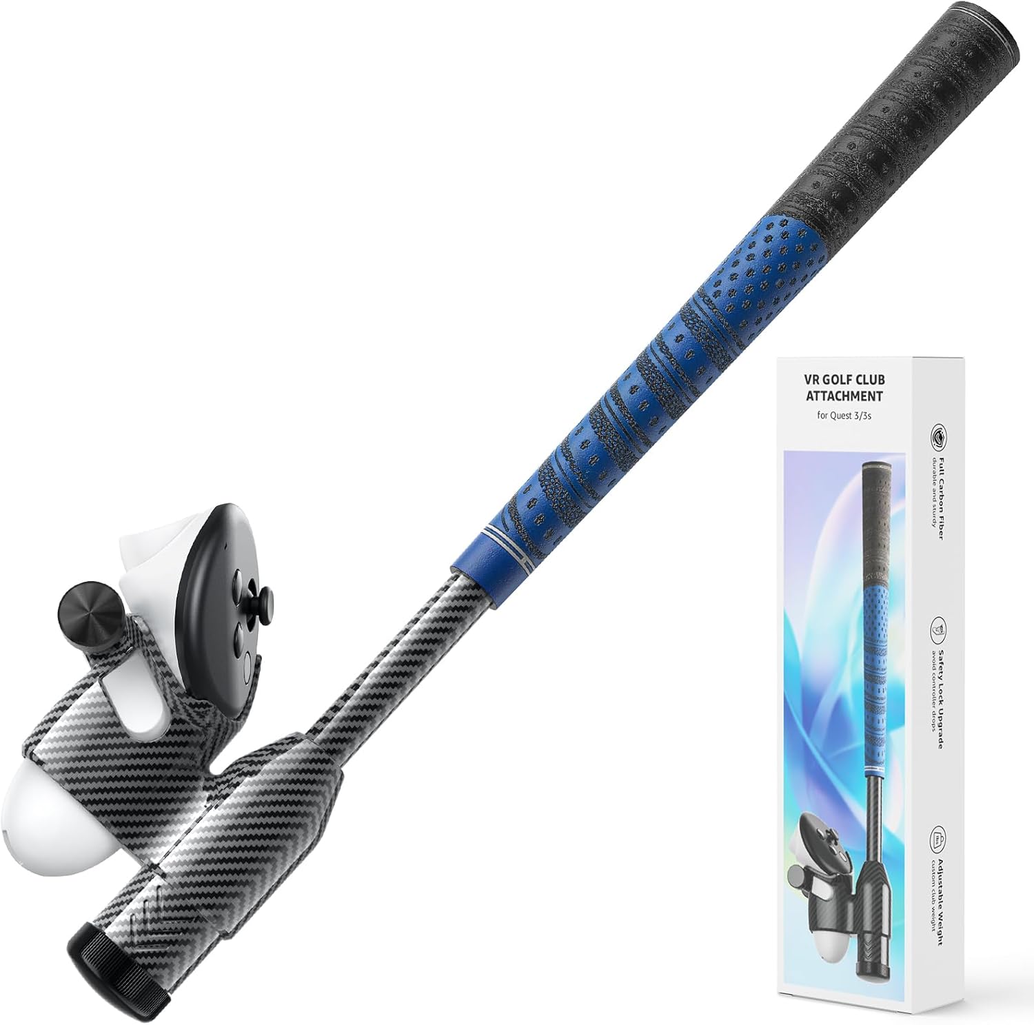 (missing counterweights)VR Golf Club Attachment for Oculus Meta Quest 3/3s, Carbon Fiber Material, Golf Weight, Precision Tracking, Non-Slip Real Grip, VR Golf Club Quest 3 Handle Accessories for Golf +, VR Golf Attachment 16.9In Elite Blue