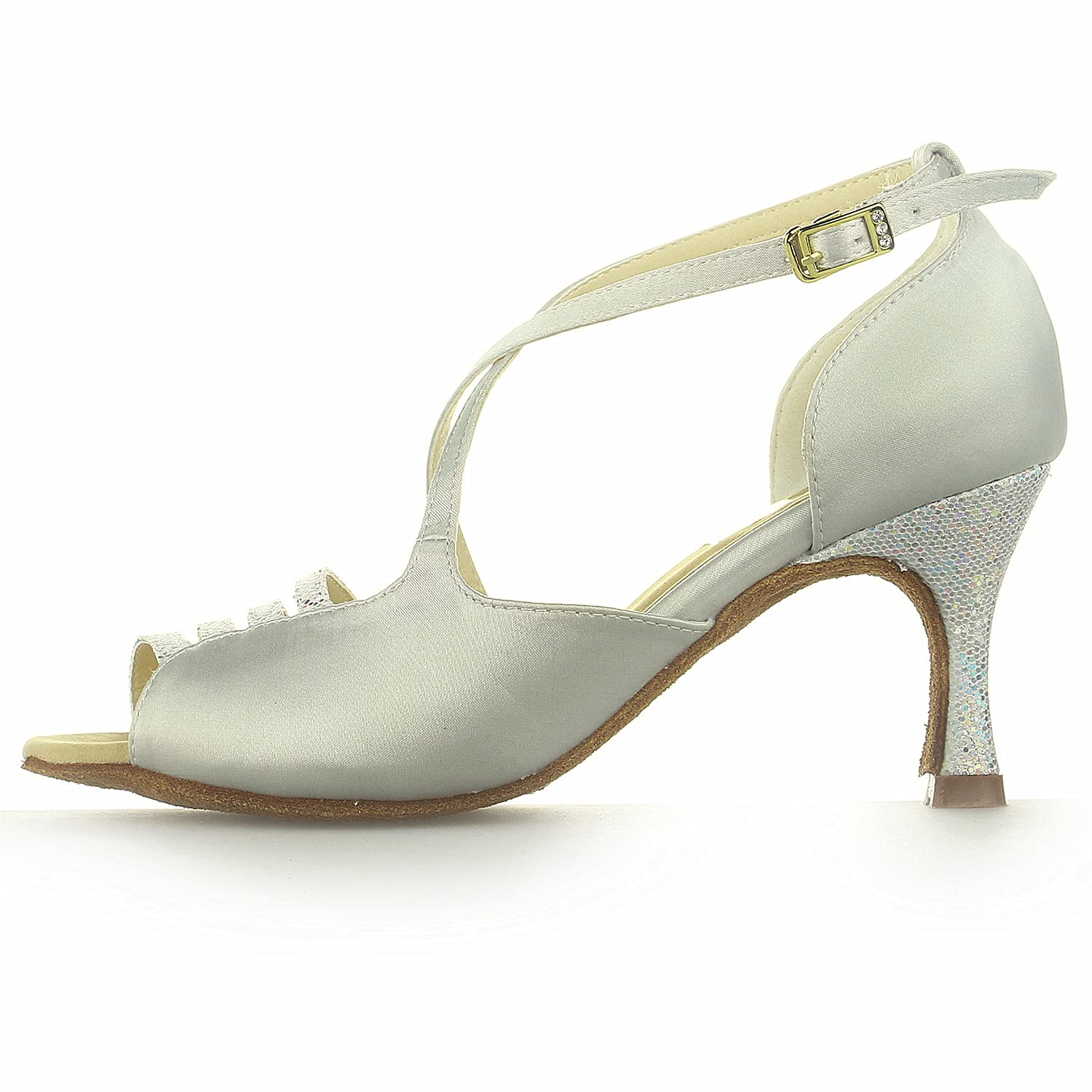 JIA JIA Y20510 - Sandalias de mujer con tacón acampanado, supersatén con lentejuelas, zapatos de baile latino