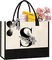 Personalized Initial Monogram Canvas Tote Bag - Durable Cotton Reusable Grocery Beach Bag for Women, Mom, Teachers, Bridesmaids (S)