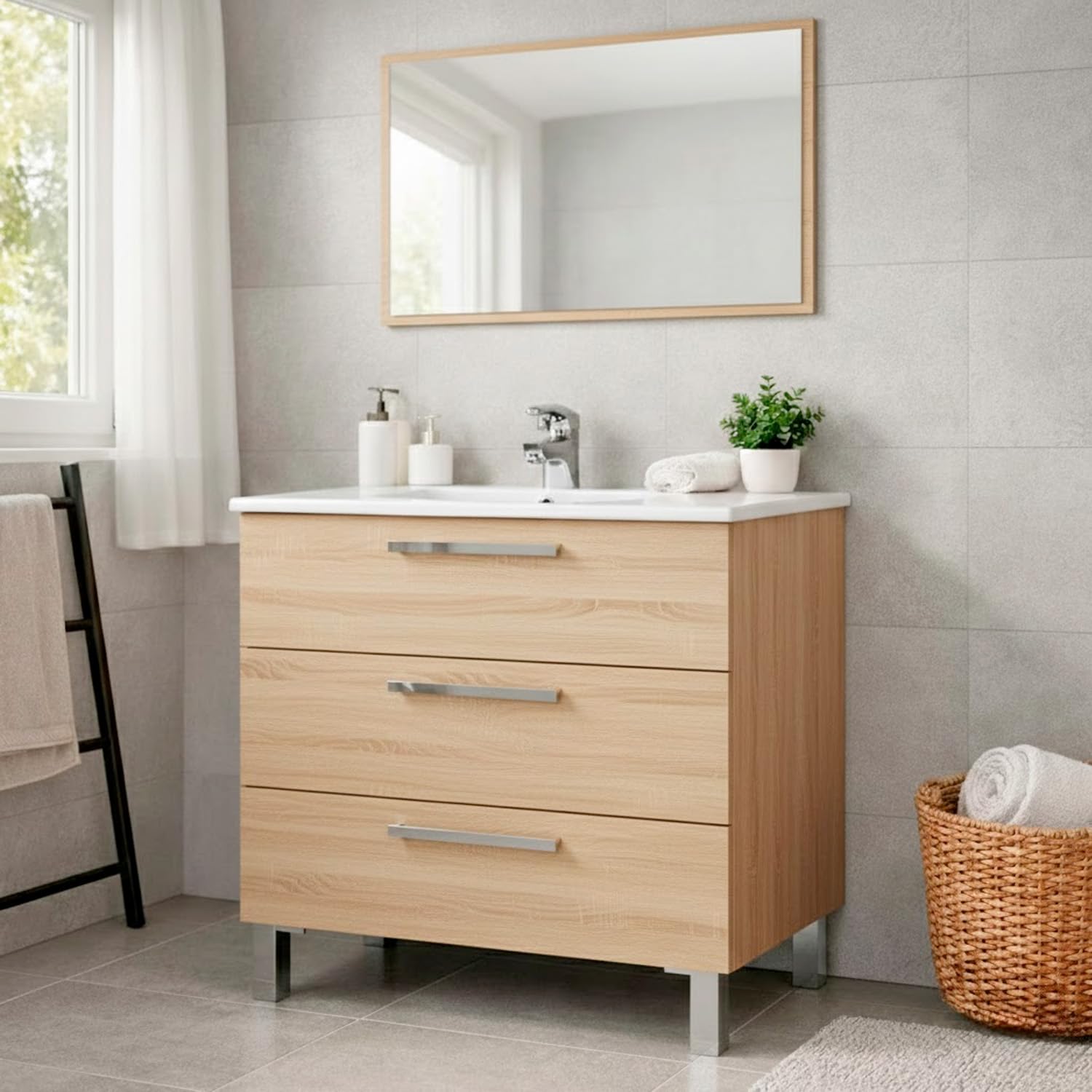 Mobile Bagno A Terra Con 3 Cassetti Lavabo In Ceramica E Specchio 77 x 50 Cm Inclusi Design Moderno Salvaspazio Elegante E Funzionale 80 x 45 x 86 Cm (Rovere Chiaro)