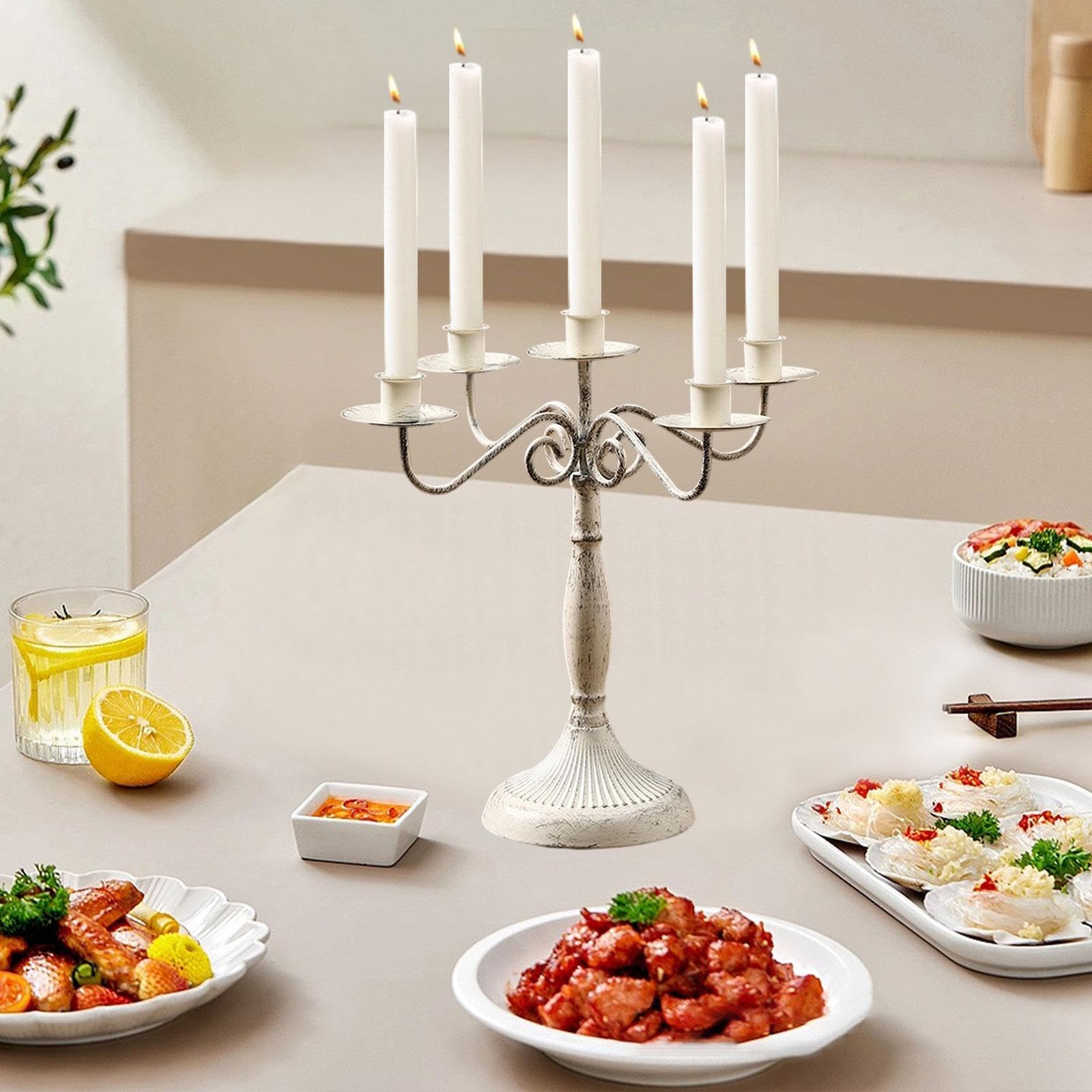 Elegante Candelabro in Ferro, Supporto per Luci a più Rami, Portacandele Adatto per La Decorazione E, Bianco con 5 Braccia