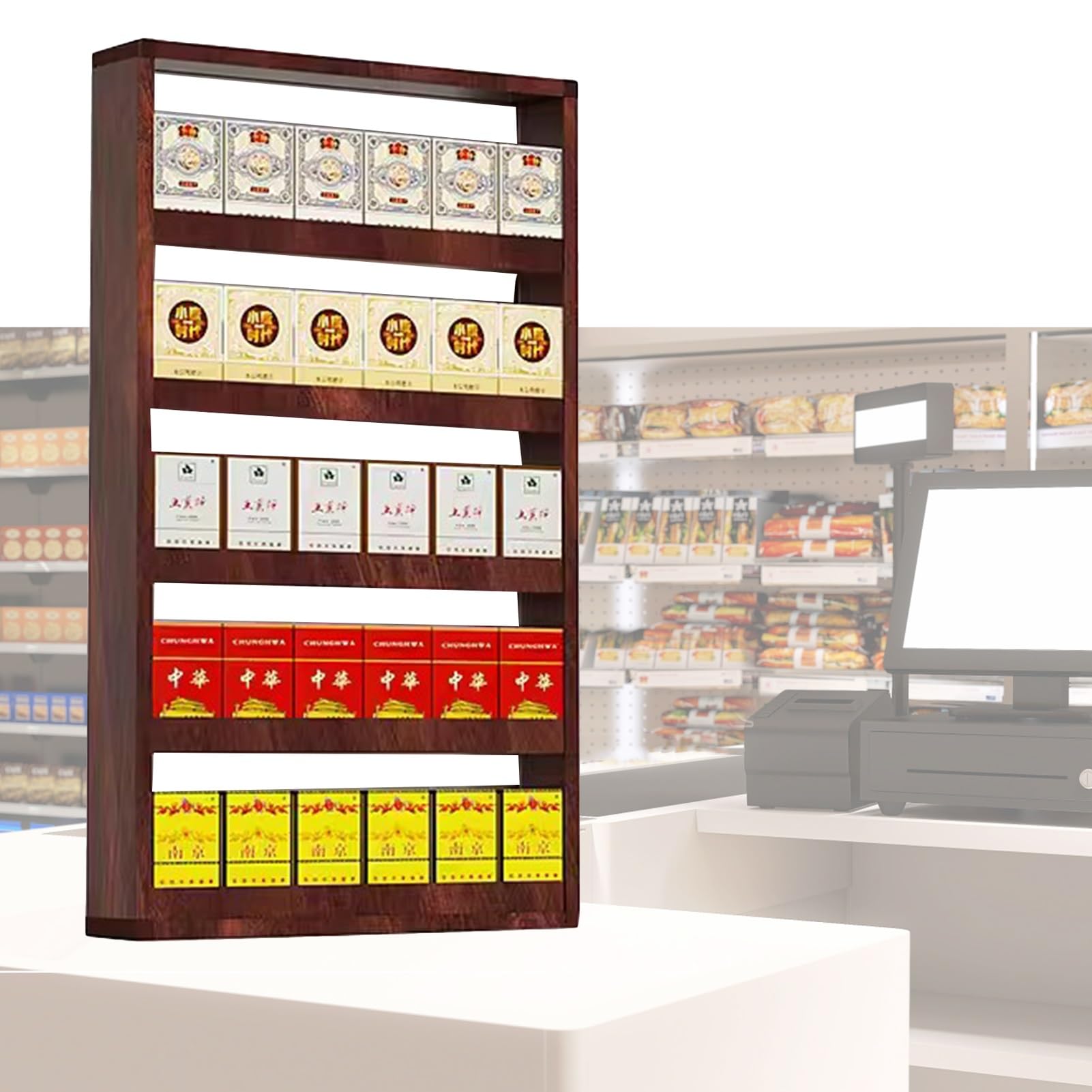 Estantes de exhibición para tienda de tabaco modernos con soporte vertical de pared