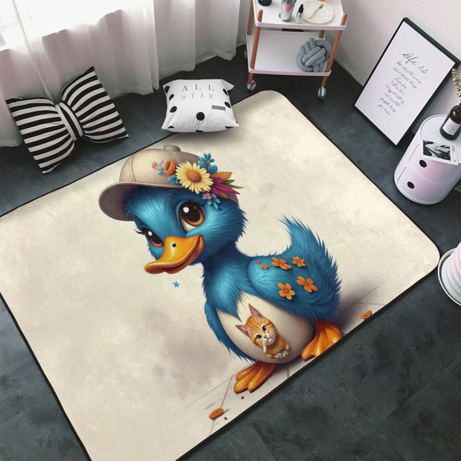 Joli tapis à imprimé canard bleu pour salon, chambre à coucher, tapis doux lavable de 9,1 x 152,4 cm, tapis antidérapant pour décoration de chambre à coucher, esthétique (152,4 x 99,1 cm)