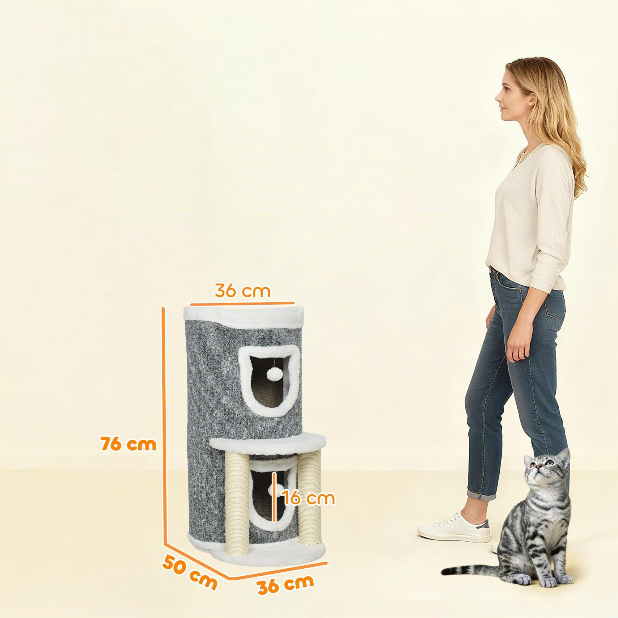 PawHut Albero Tiragraffi per Gatti Alto 76 cm Torre a Cilindro Grigio | per Gattini, con Casette, Lettino Superiore, Palline, Pali in Sisal