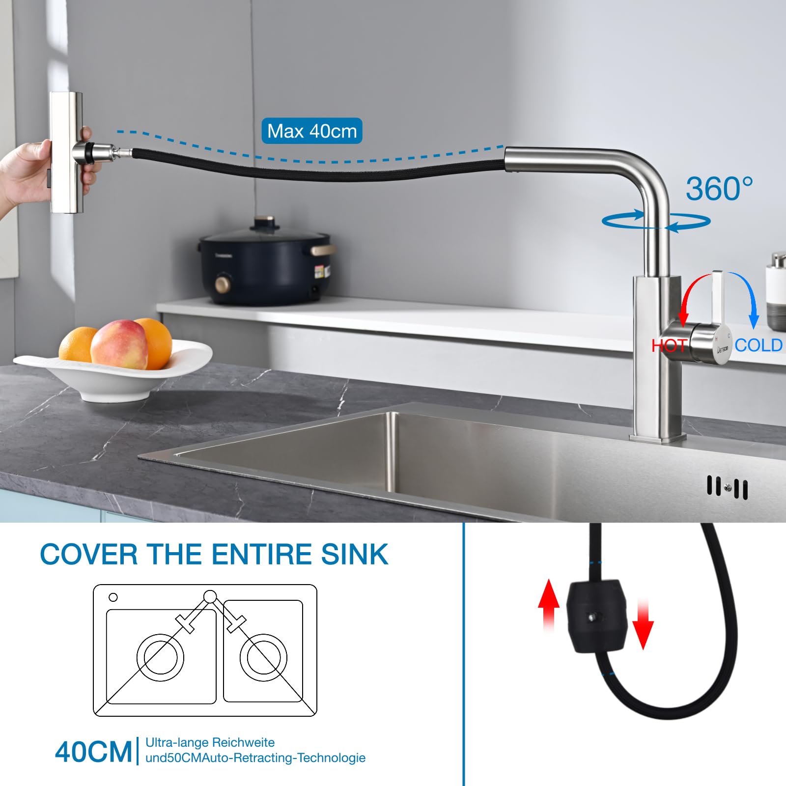Rubinetto Cucina Estraibilecon 3 Modalità Getto, DETBOM Rubinetto Lavello Cucina Acqua Fredda e Calda, Rotazione di 360° Miscelatore Cucina, Acciaio Inox, con Aeratore Rimovibile, Finitura Spazzolata