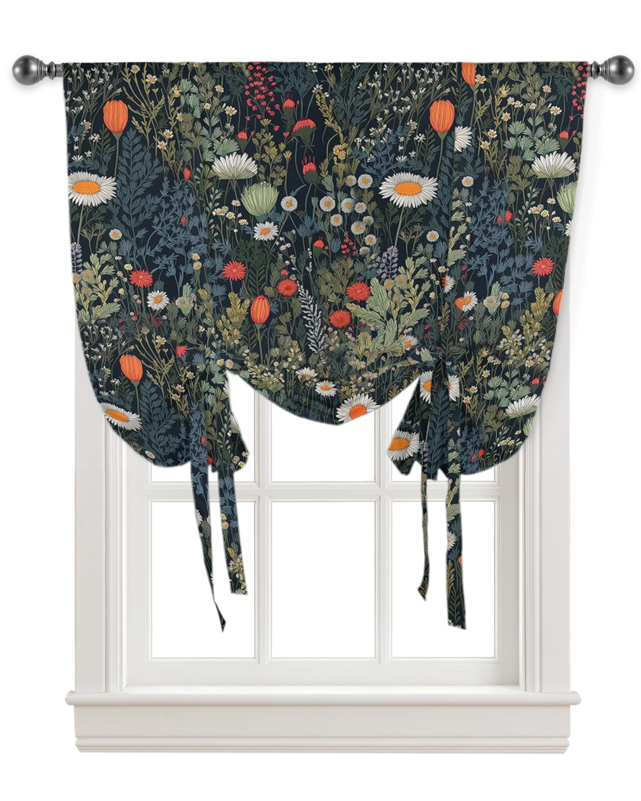 Yukro Tie Up Curtains Window Shades, Vintage Flowers Floral Botanical Leaves Rod Pocket Tie Up Window Shade, Adjustable Balloon Curtain Shade for Blinds Kitchen Bathroom, 1 Panel, 52