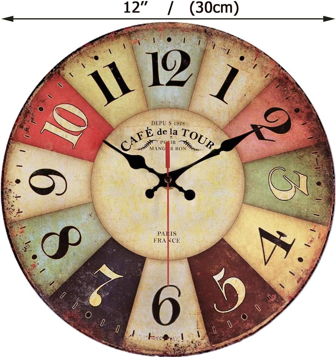 Vintage Rustic Wall Clock 12" Round - Silent Kitchen Wall Clocks Battery Operated Non Ticking Quartz - Colorful Wooden Tuscan Country Farmhouse Style Decorative - Large Arabic Numerals Analog Display