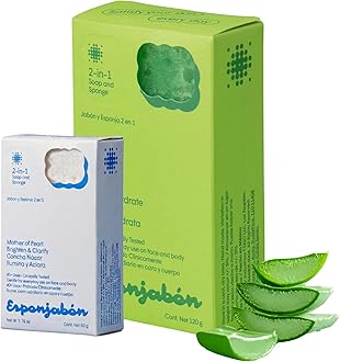 T.Taio Esponjabon Aloe Vera Soap Sponge - Gentle Shower Scrubber with Mini Mother of Pearl - Cleaning Bath Wash Scrub - Dirt & Oil Removal - Massage & Lather Foot, & Face - Fresh Aloe Vera Scent