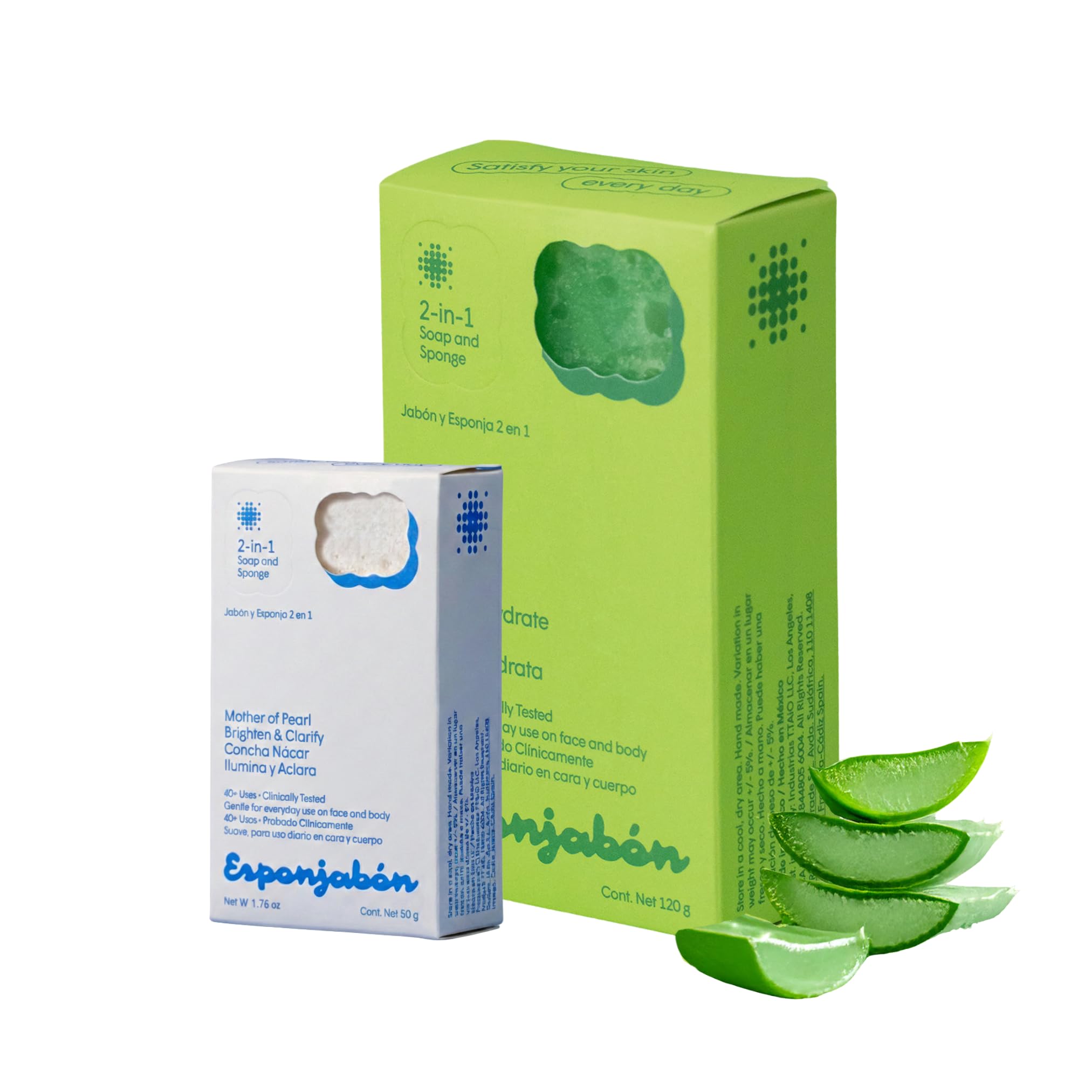 T.Taio Esponjabon Aloe Vera Soap Sponge - Gentle Shower Scrubber with Mini Mother of Pearl - Cleaning Bath Wash Scrub - Dirt & Oil Removal - Massage & Lather Foot, & Face - Fresh Aloe Vera Scent