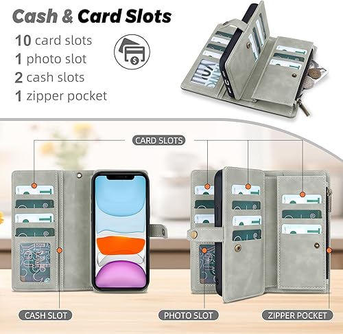 Miniatura 10 de TwoHead Funda tipo cartera para iPhone 11 con tarjetero y funda magnética desmontable para teléfono, funda de piel sintética para mujereshombres con