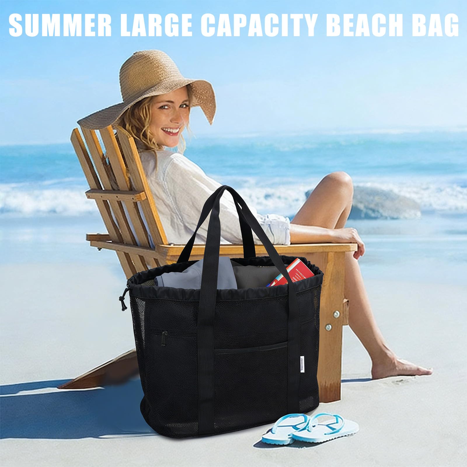 Borsa Mare in Rete, Borsa Spiaggia Donna Di Grande Capacità con Separazione Bagnato-Asciutto,Tasca Impermeabile in Pvc, Chiusura A Cordino, Beach Bag Leggera per Piscina, Vacanze, Viaggio | Traspirante