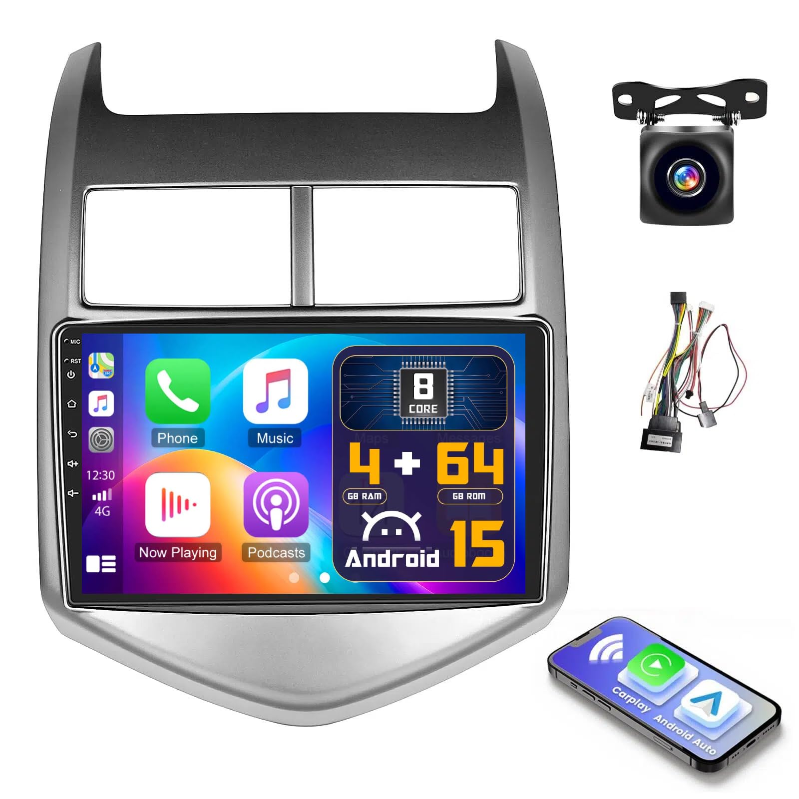 4G+64G 8Core Radio for Chevrolet Chevy Sonic Aveo 2011-2015, 9” IPS Touchscreen Stereo Wireless CarPlay Android 15 Android Auto 5G WiFi 32EQ DSP GPS