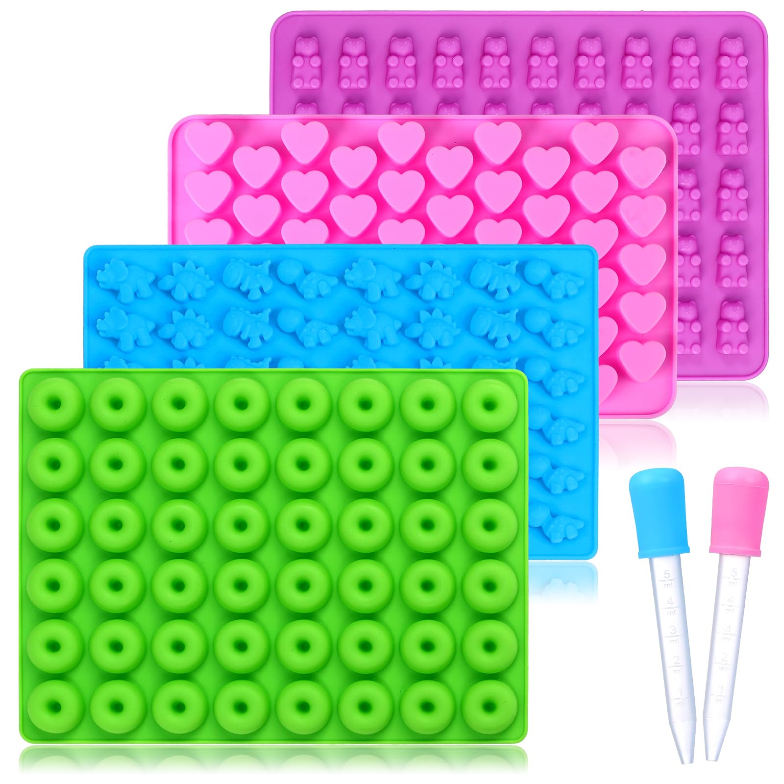 Moldes de silicona para caramelos, con 2 cuentagotas, antiadherentes, incluye mini dinosaurio, forma de oso, corazones y mini dona, juego de 4