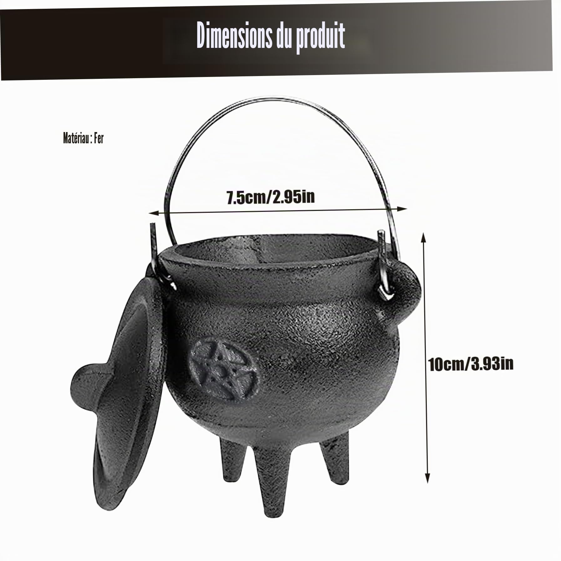 Chaudron en Fonte Étoile avec Couvercle et Poignée - Halloween, 3,94 x 2,95 x 2,95 Pouces - Bougie et Encens Brûlant - Sorcellerie