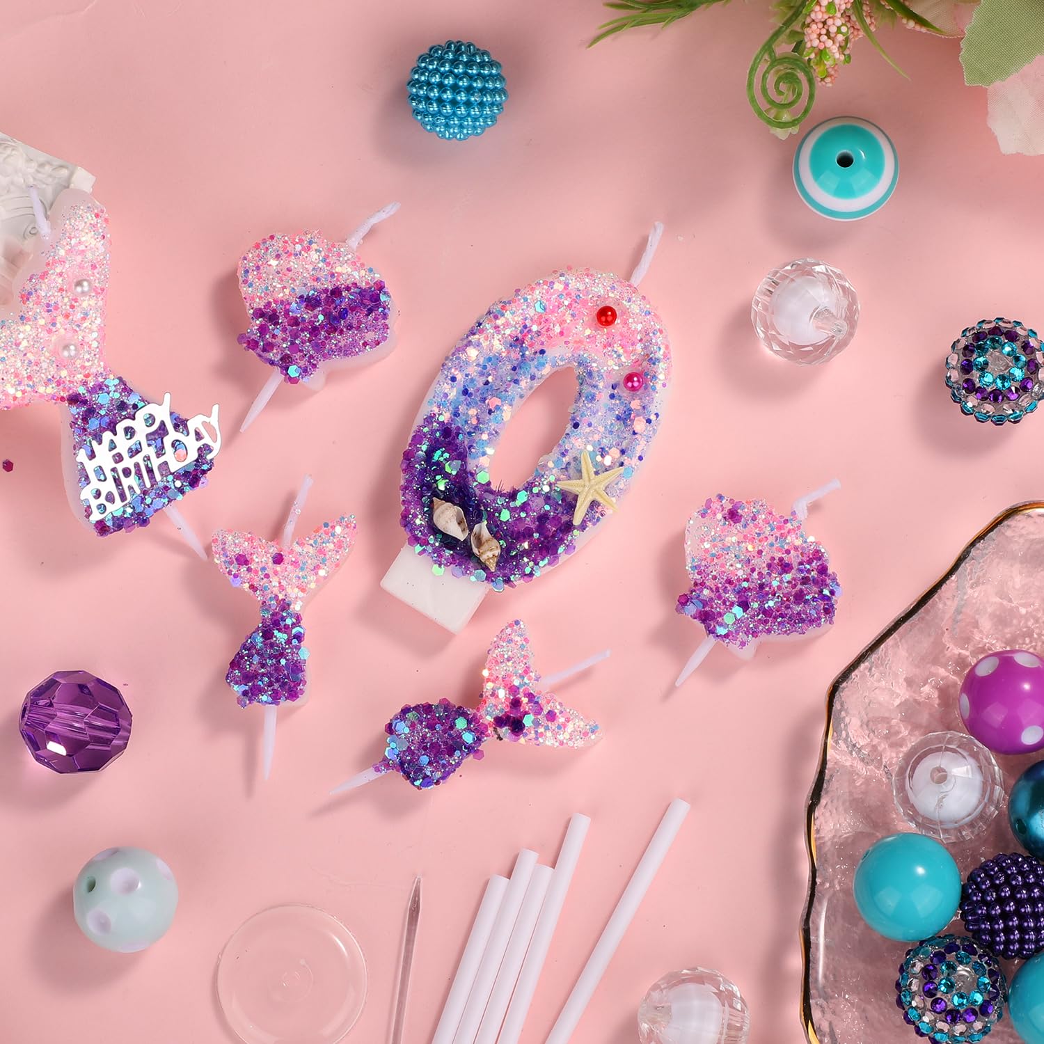 Zeemeermin Nummerkaarsen, 6st Aantal Verjaardagskaarsen Schelp Pailletten Cijfer Kaars Tafeldecoratie voor Verjaardagstaart Themafeest Jubileum Bruiloft Decoratie(Nummer 0