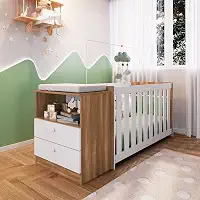 Berço Com Colchão e Regulagem de Altura + Cômoda com Nicho Cor: Manchester Com Branco
