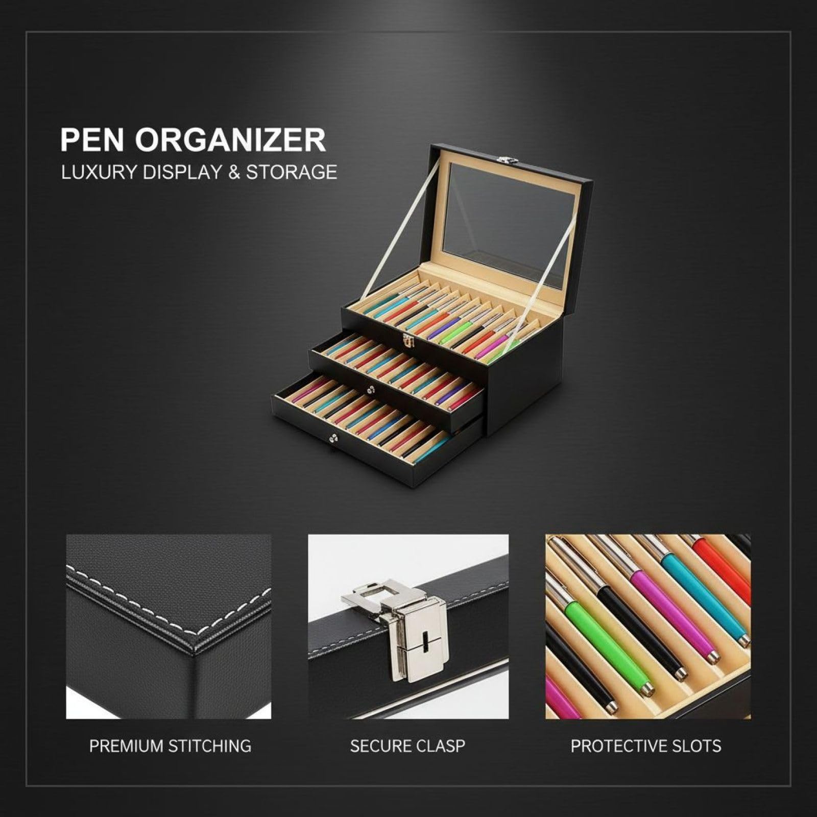 Skórzany organizer na 36 przegródek, 3 warstwy, pudełko ekspozycyjne na pióro wieczne ze szklanym blatem, 31 x 20 x 13 cm, idealny do przechowywania, na wystawę, prezent