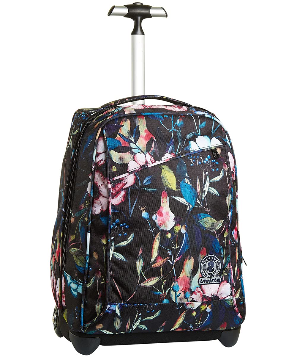 Invicta Zaino con ruote, WILDFLOWERS, 2 in 1, Zaino + Trolley, Ragazze e Ragazzi per Scuola, Sport, Tempo libero, Borsa per computer portatile, Nero