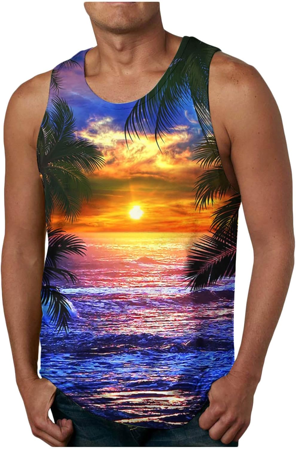 Men's Tank Tops Summer Sleeveless Tee Cool Workout T-Shirts Beach Athletic Undershirts Coconut Tree Sunset Beach Shirt Tee