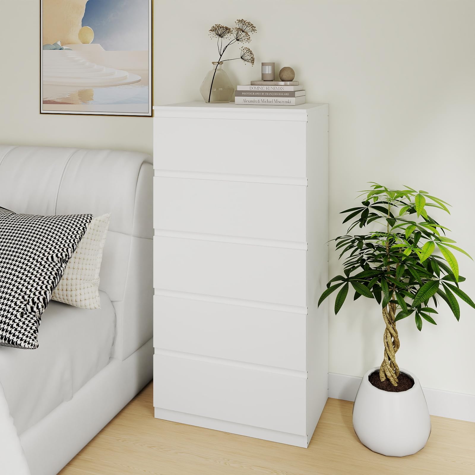 Cajonera, Ancho 60 cm, Armario con 5 Cajones, Muebles Dormitorio, Ideal para Salón, Dormitorio, Habitación Infantil, Despacho, Blanco, 60 cm × 40 cm × 120 cm