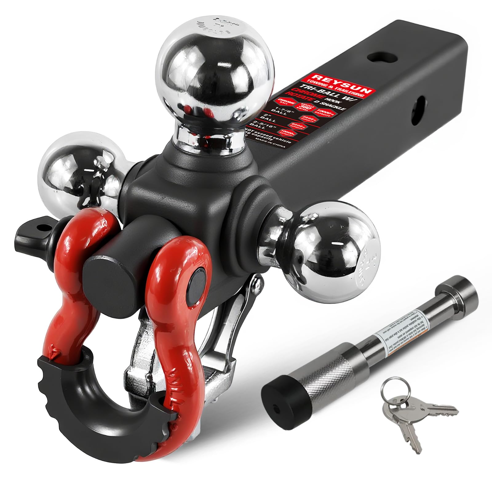 Trailer Hitch Tri-Ball Mount: with Swivel Tow Shackle and Tow Hook, fits for 2-inch Receiver, Chrome Trailer Ball Size 1-7/8", 2" and 2-5/16" and 5/8" Hitch Lock Pin