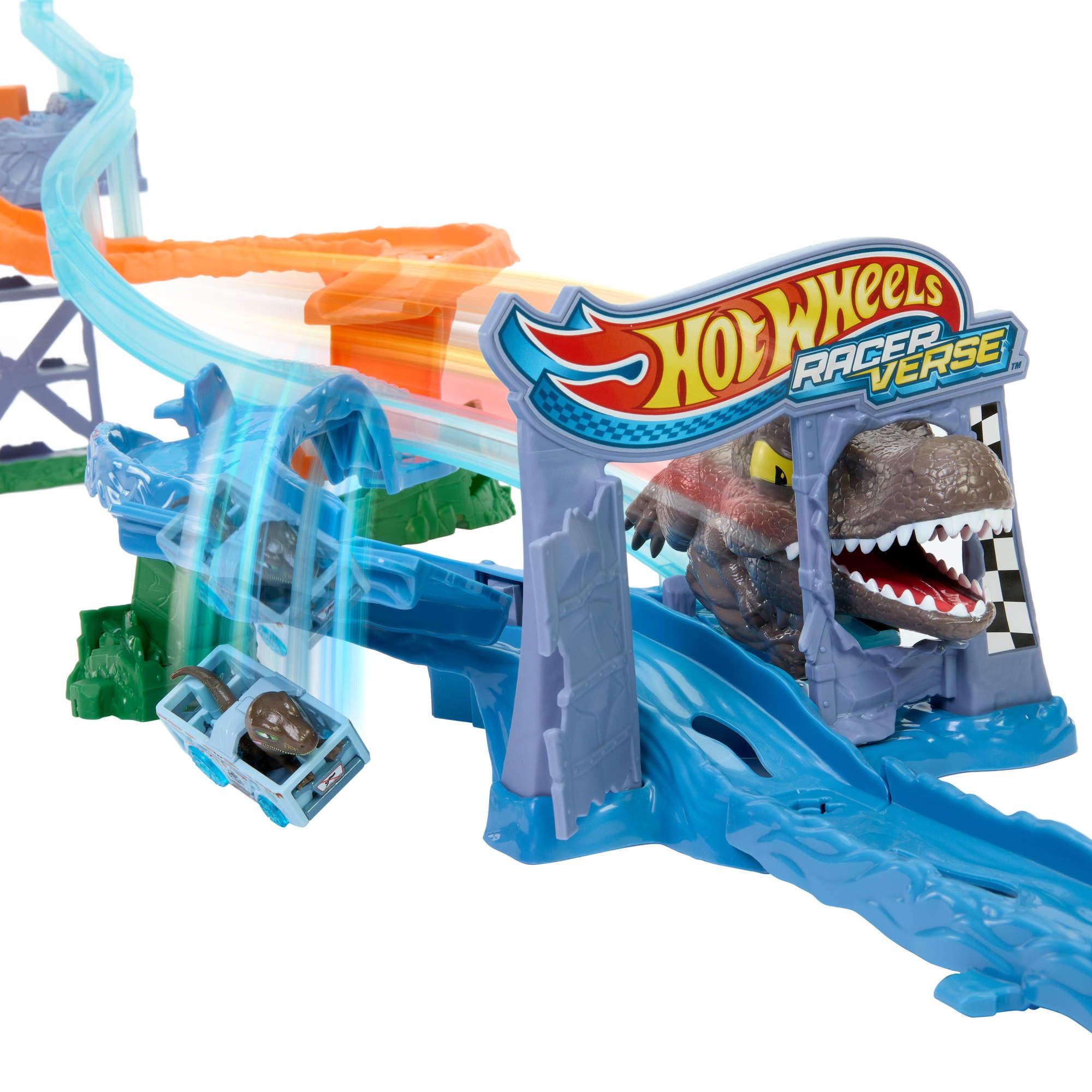 Hot Wheels RacerVerse Jurassic World Pista Scontri e Tuffi, playset con veicolo velociraptor die-cast, gara di dinosauri con spinosauro, JFP32