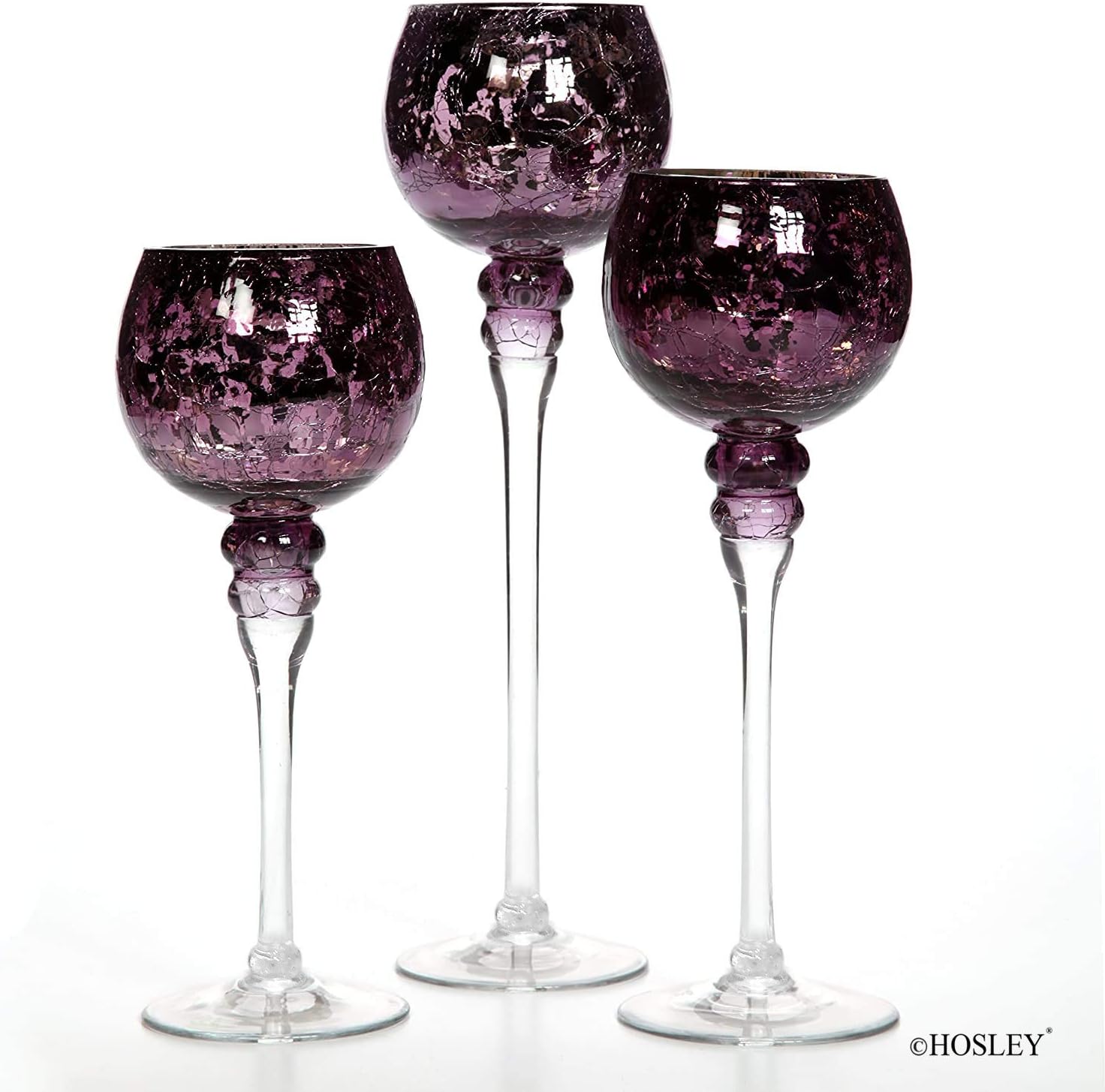 Hosley Set of 3 Crackle Purple Glass Tealight Holders 12 Inch, 10 Inch, 9 Inch Heights for Captivating Candlelight Ambiance Radiant Elegance