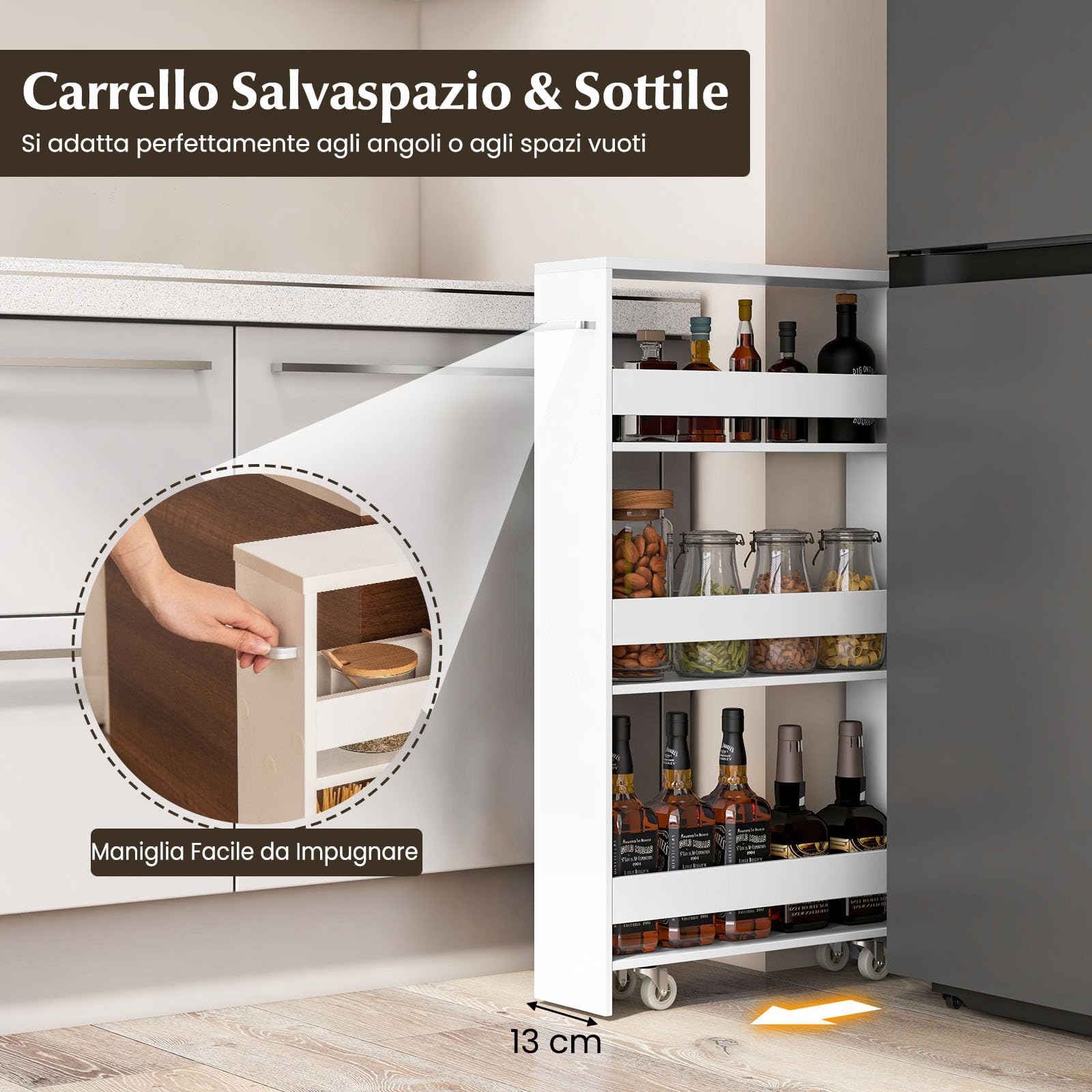 GYMAX Carrelli Portaoggetti a 4 Ripiani, Carrello con Ruote Salvaspazio con Maniglia, Carrello a Scaffale Slim Stretto in Legno per Cucina, Bagno, Lavanderia, 47,5 x 13 x 80,5 cm (Bianco)