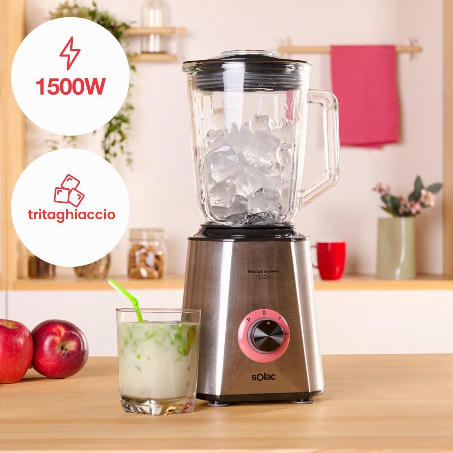 Solac Beauty and the Beast 1500 - Frullatore, 1500W, 6 lame in acciaio inossidabile, 2 velocità + Turbo, tritaghiaccio, caraffa in vetro graduata 1,5L, beccuccio, sistema di sicurezza