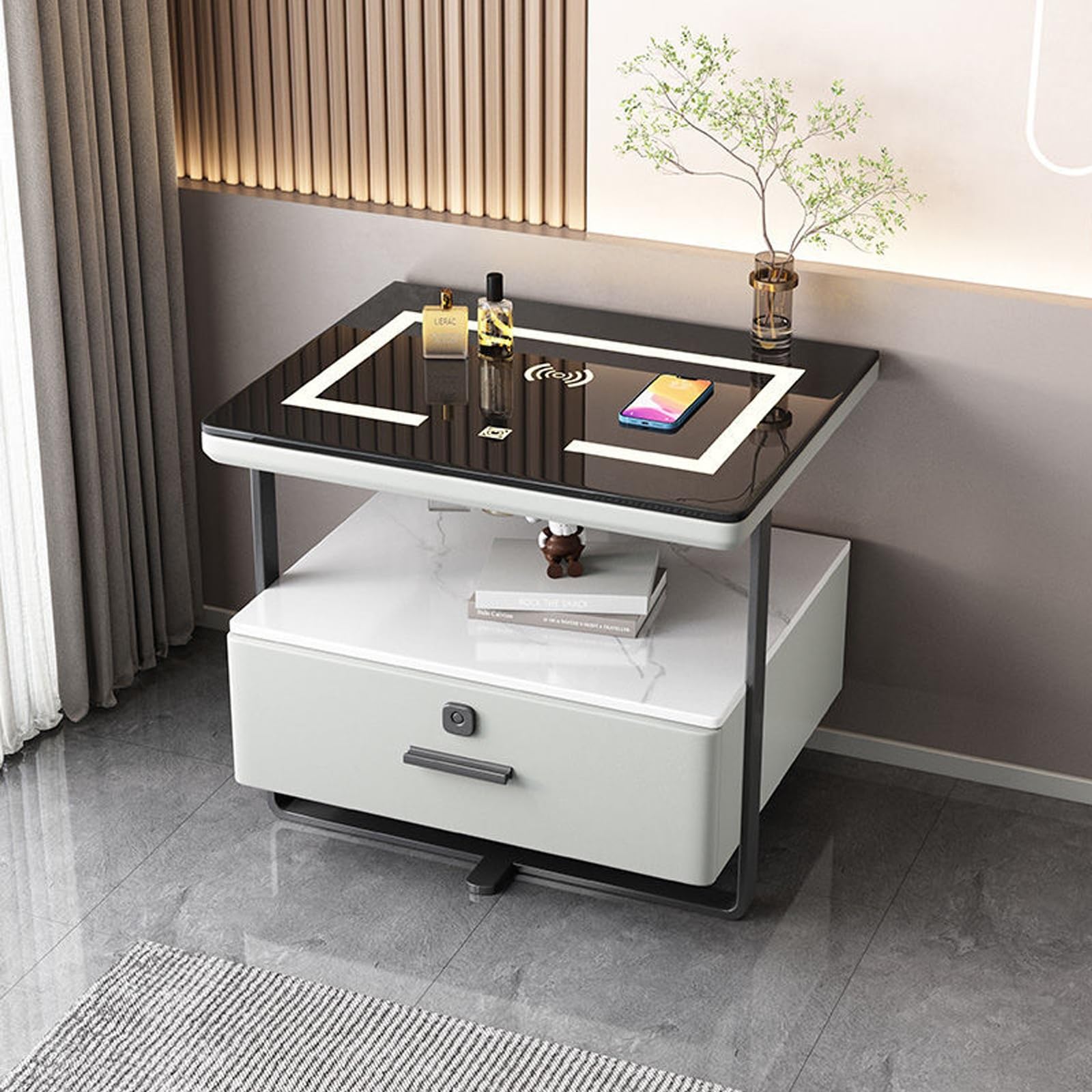 Table de nuit intelligente avec tiroirs de rangement et LED induction