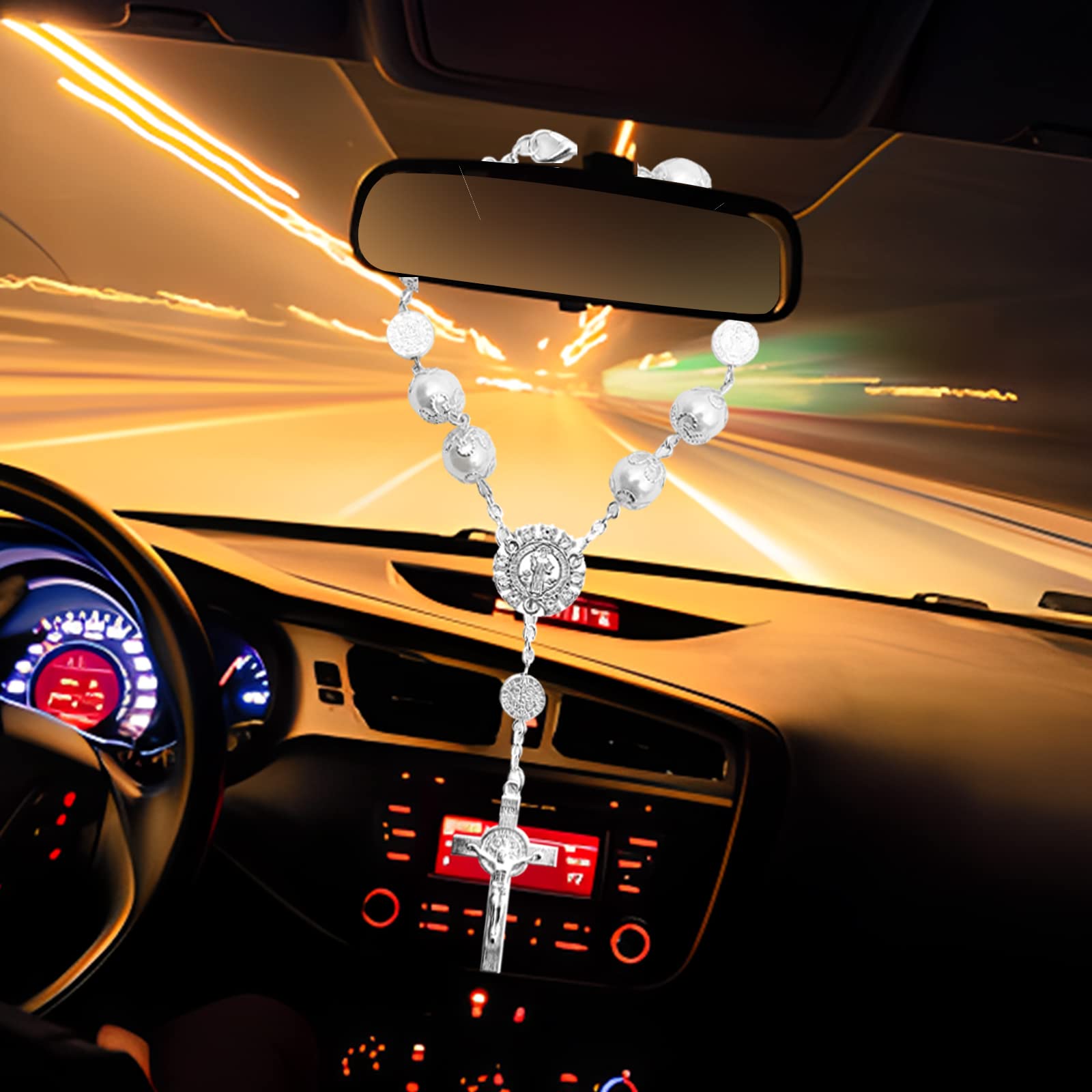 Chapelet De Volant DELORIGIN 2 Pièces - Pendentif Croix Avec Strass, Chaîne 23,6 Cm, Décoration Voiture Et Cadeau Conducteur