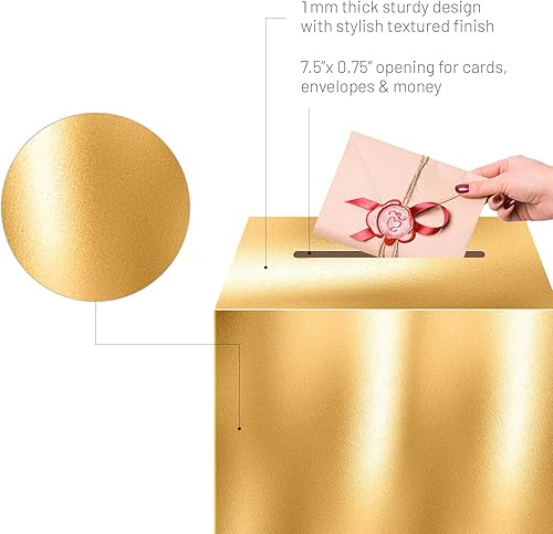 Miniatura 3 de JC HUMMINGBIRD Caja de tarjeta dorada  Caja de regalo plegable de 10 x 10 pulgadas con ranura para bodas, cumpleaños, graduaciones, donaciones,