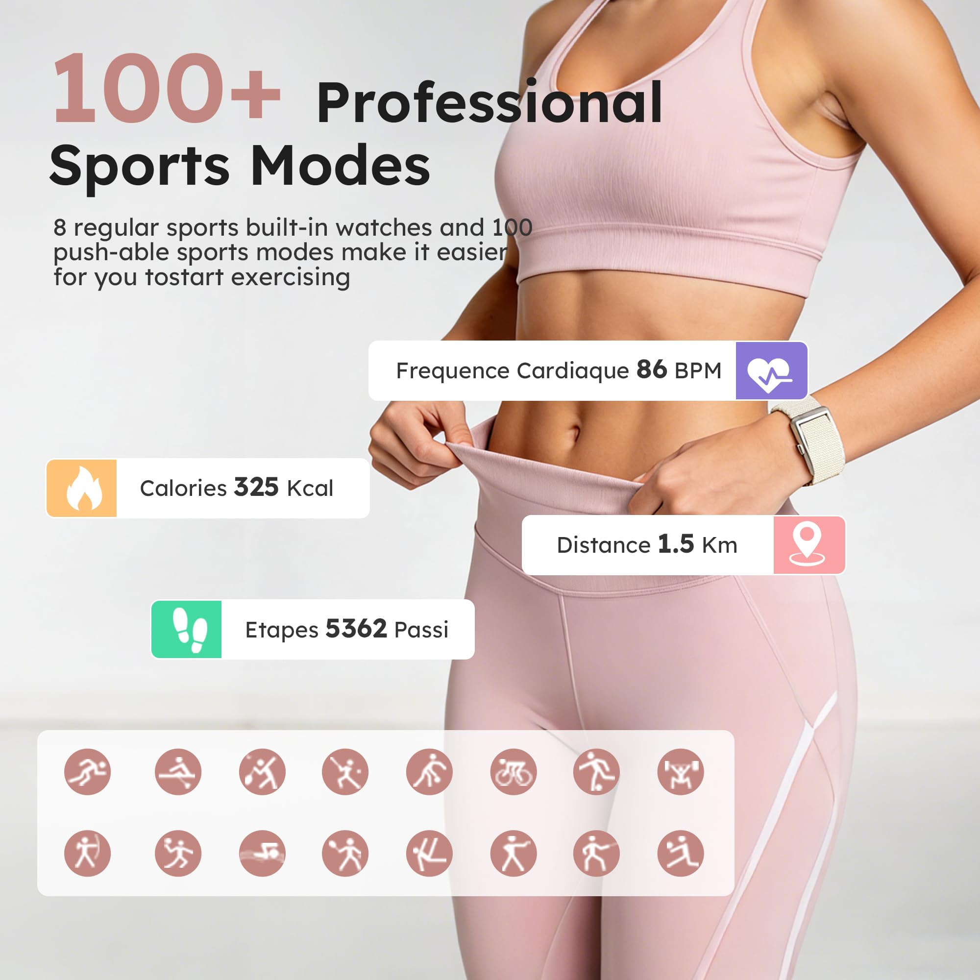 Braccialetto intelligente per uomo e donna, braccialetto intelligente per fitness, cardiofrequenzimetro/monitoraggio del sonno/contapassi/promemoria di chiamata, modalità sportive multiple IP68